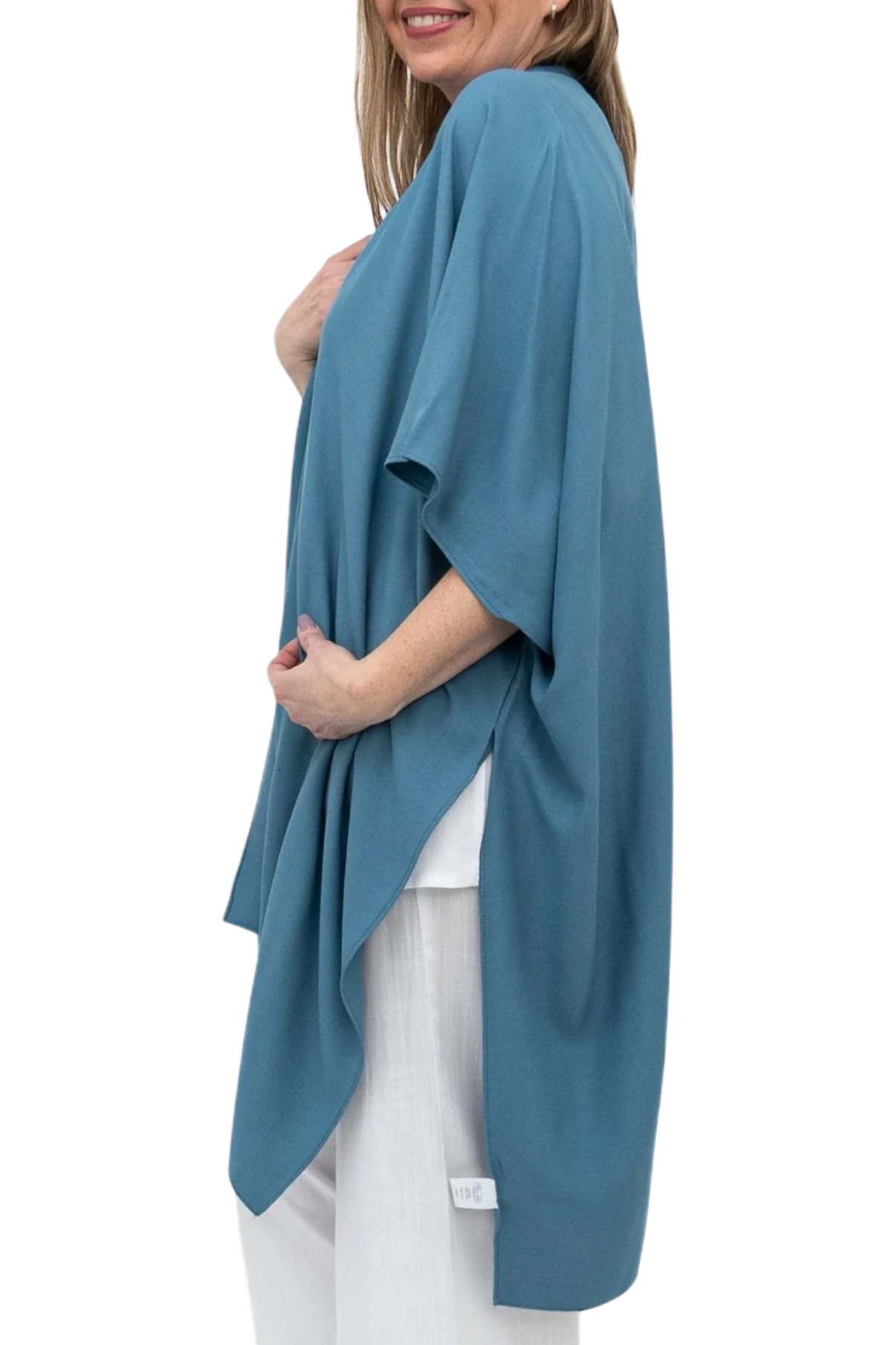 Pale Denim Lightweight Open Darcy Cardigan by Blue Sky Clothing Co – Handmade ethical Topper from sariKNOTsari using upcycled silk. Designed in Canada for travel and slow fashion, loved from Toronto to LA to Sydney. Featuring Zsiska, Bryn Walker and Artisan Leather coats by Rejean Pepin, Pepin designs