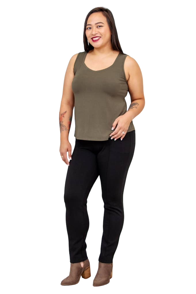 Khaki Bamboo Ritzy Tank by Blue Sky Clothing Co – Handmade ethical Tank Top from sariKNOTsari using upcycled silk. Designed in Canada for travel and slow fashion, loved from Toronto to LA to Sydney. Featuring Zsiska, Bryn Walker and Artisan Leather coats by Rejean Pepin, Pepin designs