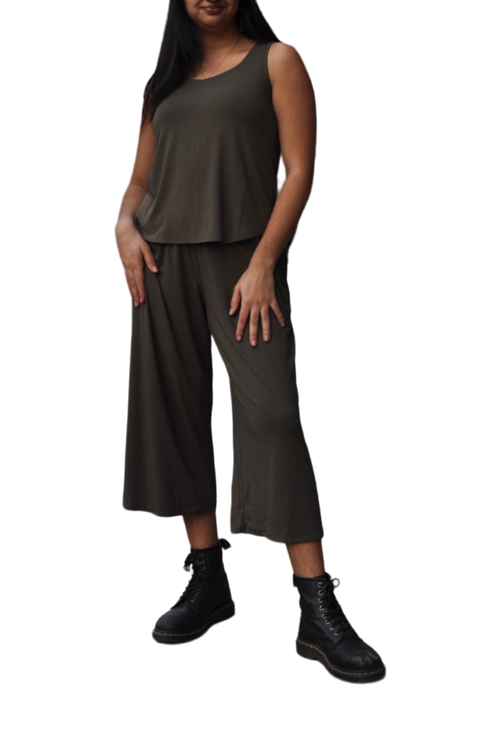 Khaki Bamboo Gaylene Capri by Blue Sky Clothing Co – Handmade ethical Capris from sariKNOTsari using upcycled silk. Designed in Canada for travel and slow fashion, loved from Toronto to LA to Sydney. Featuring Zsiska, Bryn Walker and Artisan Leather coats by Rejean Pepin, Pepin designs