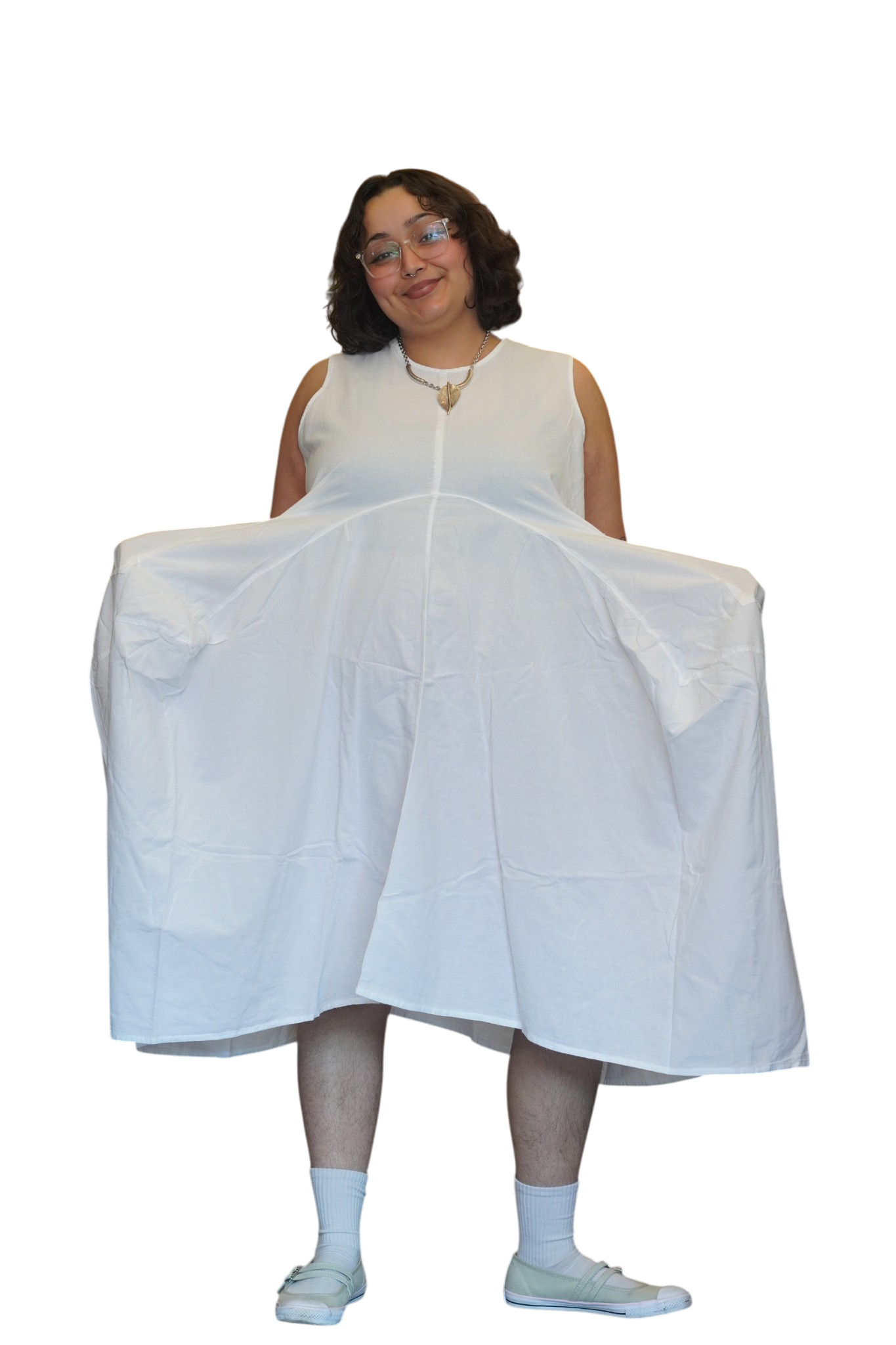 White Cotton Parachute Dress with Pockets by Creative Design – Handmade ethical Dress from sariKNOTsari using upcycled silk. Designed in Canada for travel and slow fashion, loved from Toronto to LA to Sydney. Featuring Zsiska, Bryn Walker and Artisan Leather coats by Rejean Pepin, Pepin designs