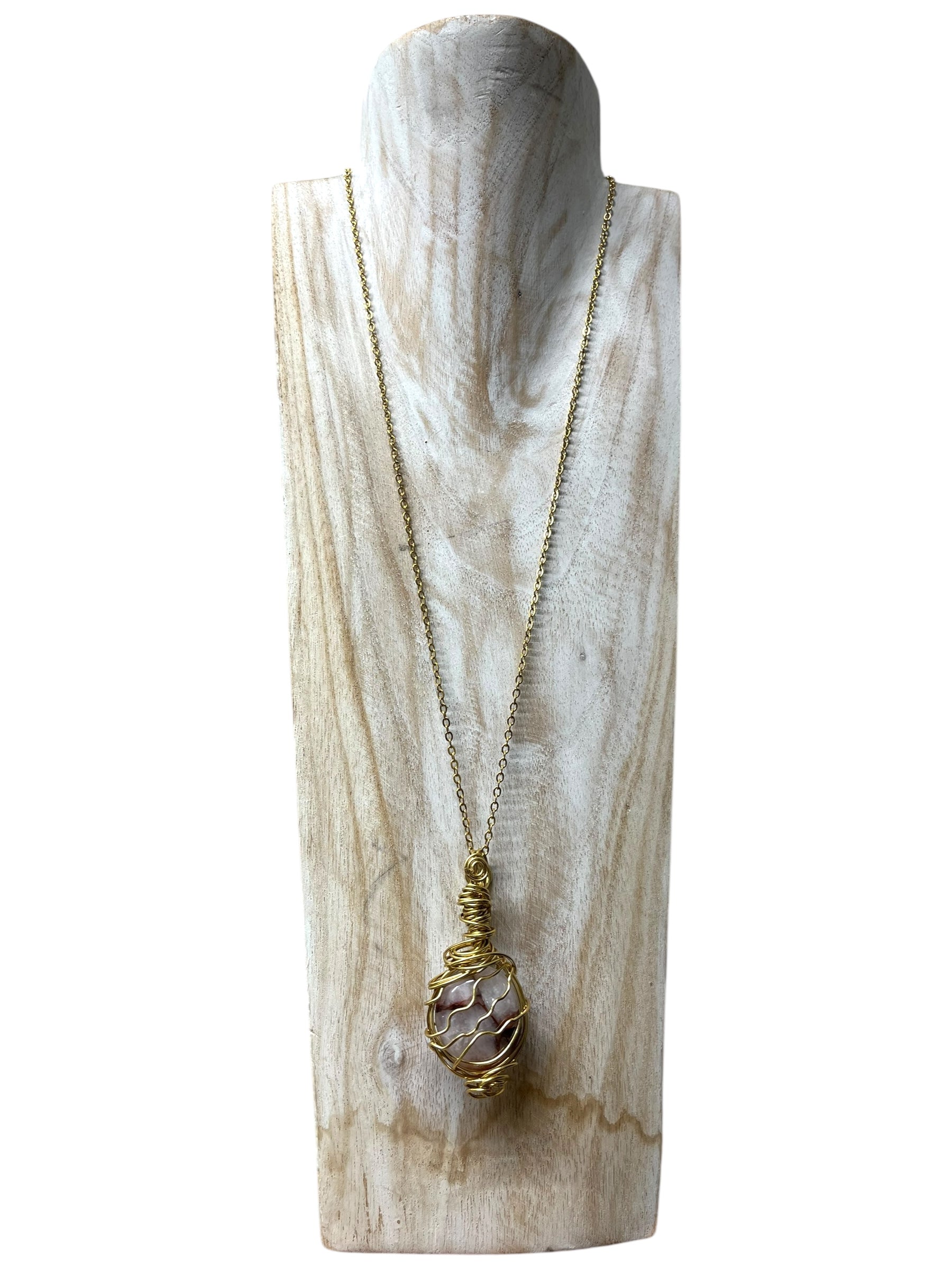 Fire Agate Specialty Crystal Necklace - Gold by Wrapped By Rachel – Handmade ethical Necklace from sariKNOTsari using upcycled silk. Designed in Canada for travel and slow fashion, loved from Toronto to LA to Sydney. Featuring Zsiska, Bryn Walker and Artisan Leather coats by Rejean Pepin, Pepin designs