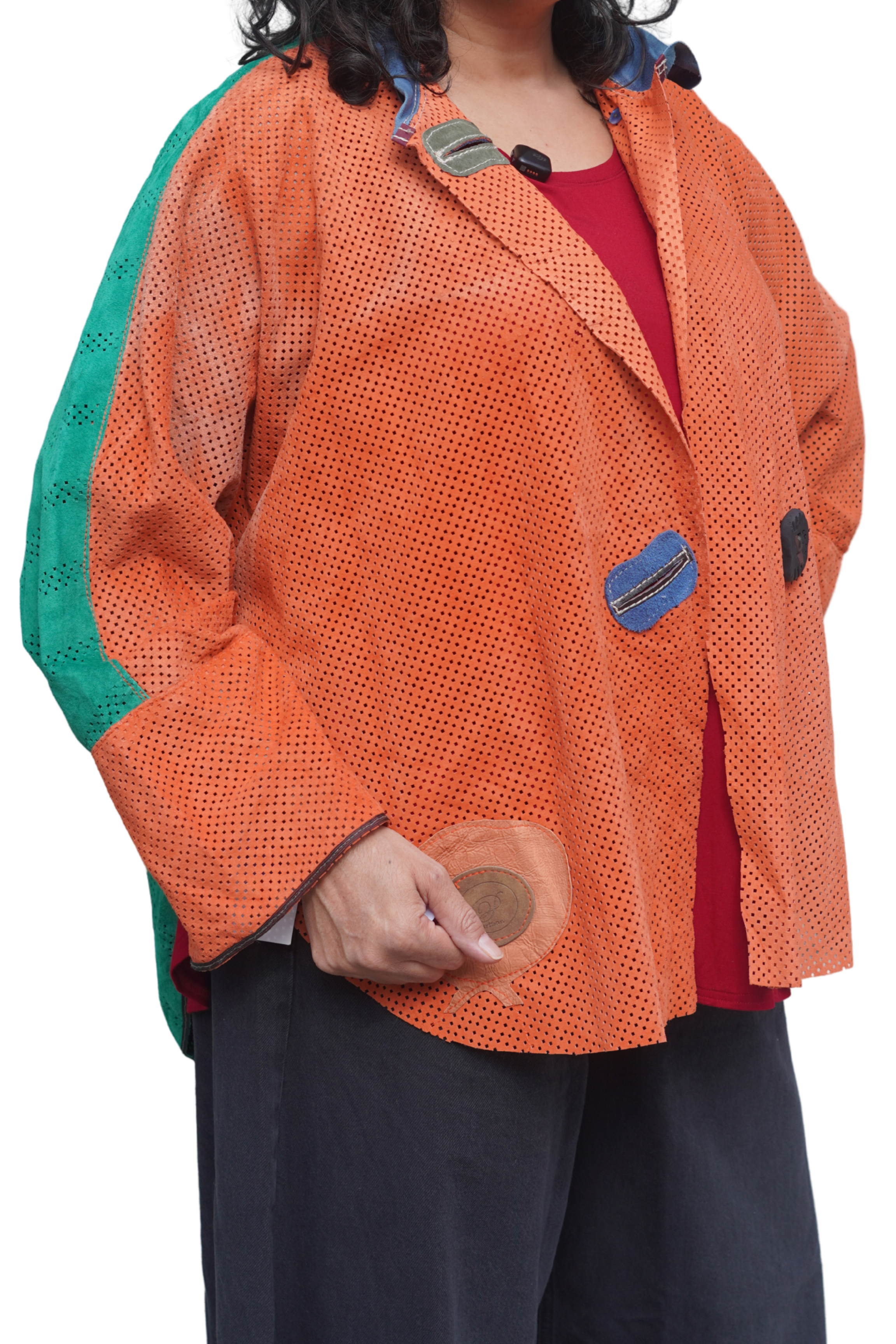 Orange and Green Perforated Suede Leather Jacket by Pepin Designs #16