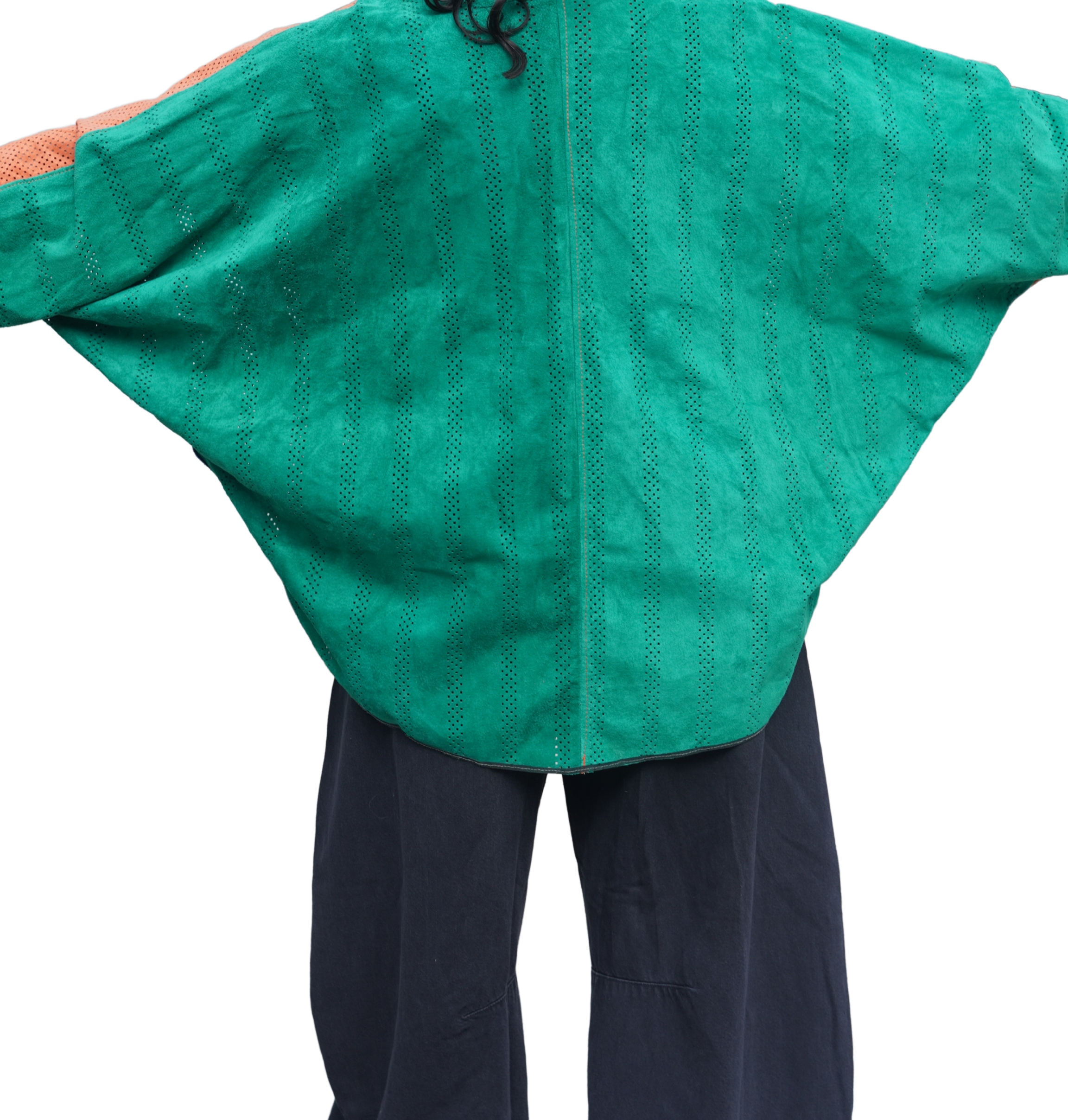 Orange and Green Perforated Suede Leather Jacket by Pepin Designs #16