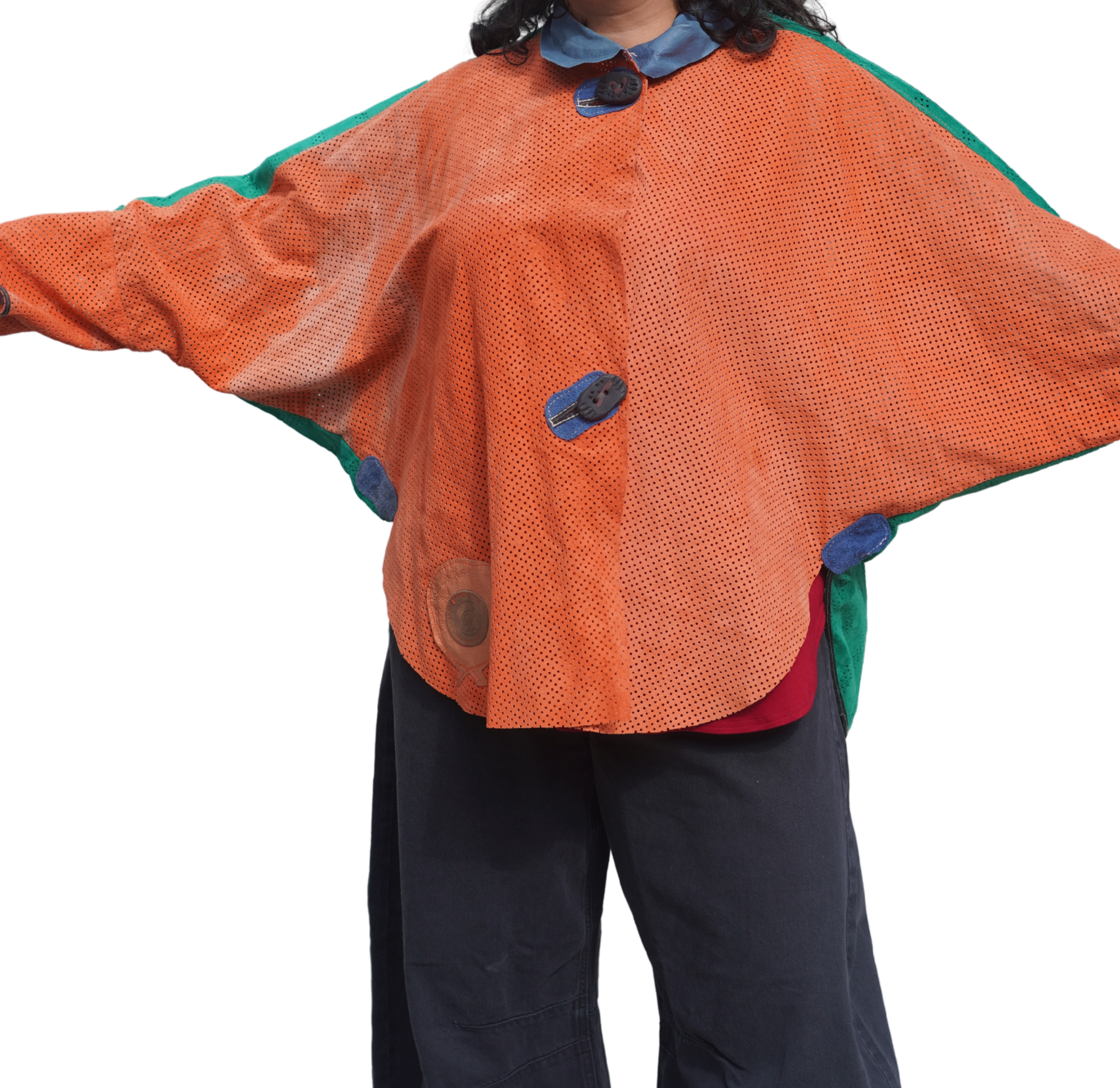 Orange and Green Perforated Suede Leather Jacket by Pepin Designs #16