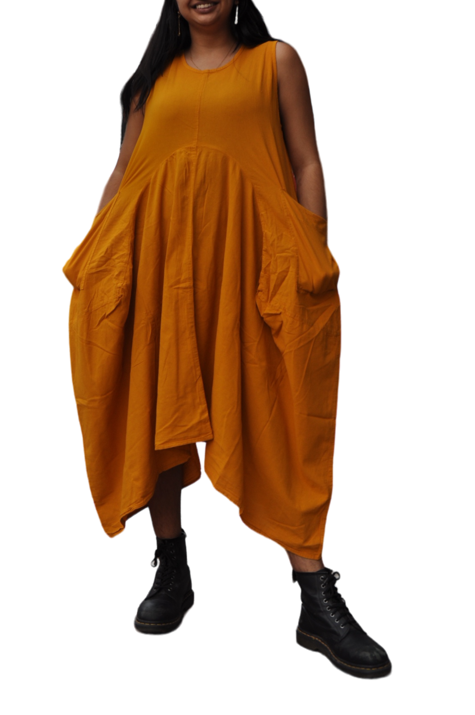 Mustard Cotton Parachute Dress with Pockets