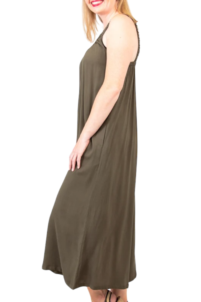 Joanna Khaki Linen Bamboo Jumpsuit by Blue Sky Clothing Co – Handmade ethical Jumpsuit from sariKNOTsari using upcycled silk. Designed in Canada for travel and slow fashion, loved from Toronto to LA to Sydney. Featuring Zsiska, Bryn Walker and Artisan Leather coats by Rejean Pepin, Pepin designs