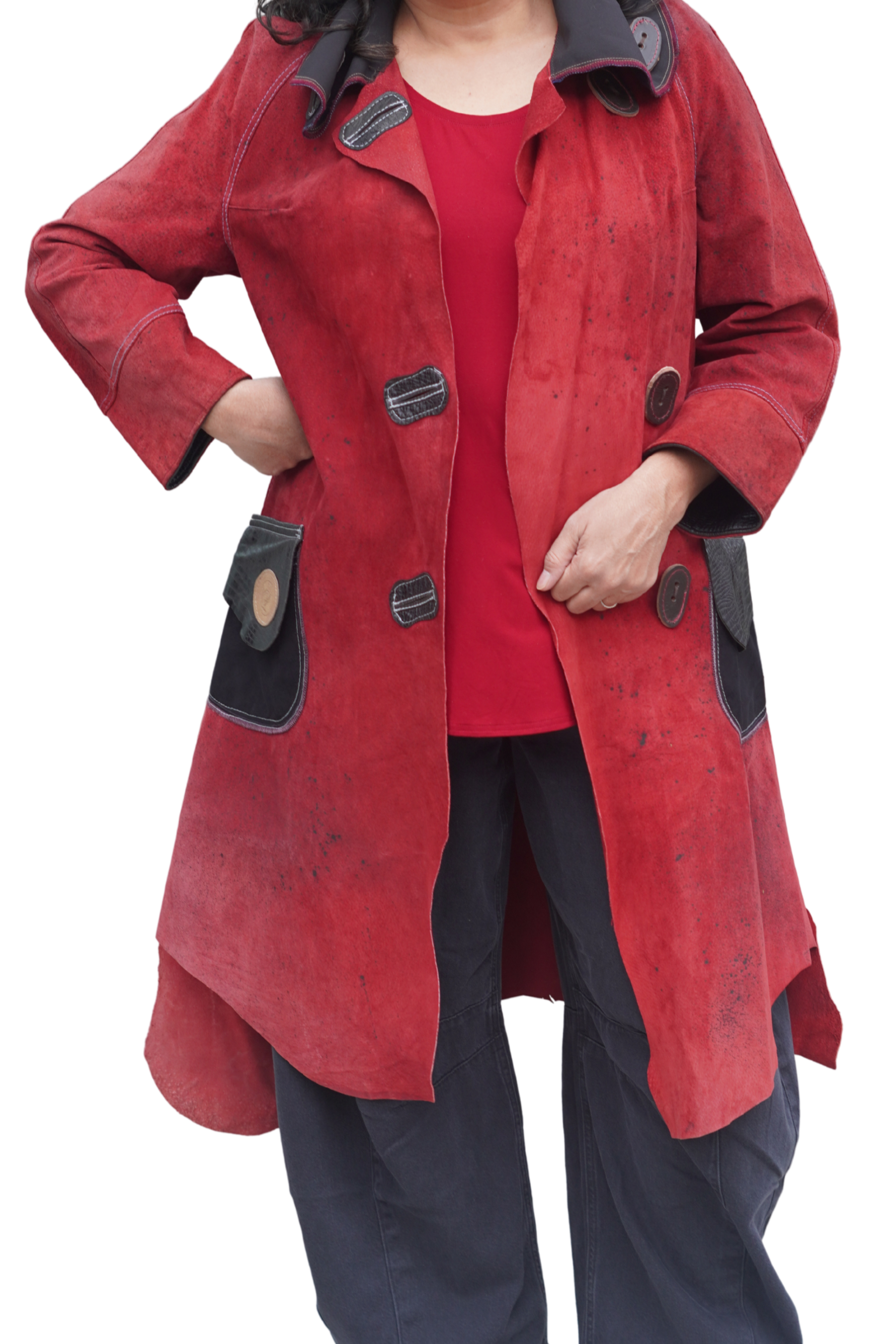 Hand-Painted Red and Black Suede 7/8 Coat by Pepin Designs #14