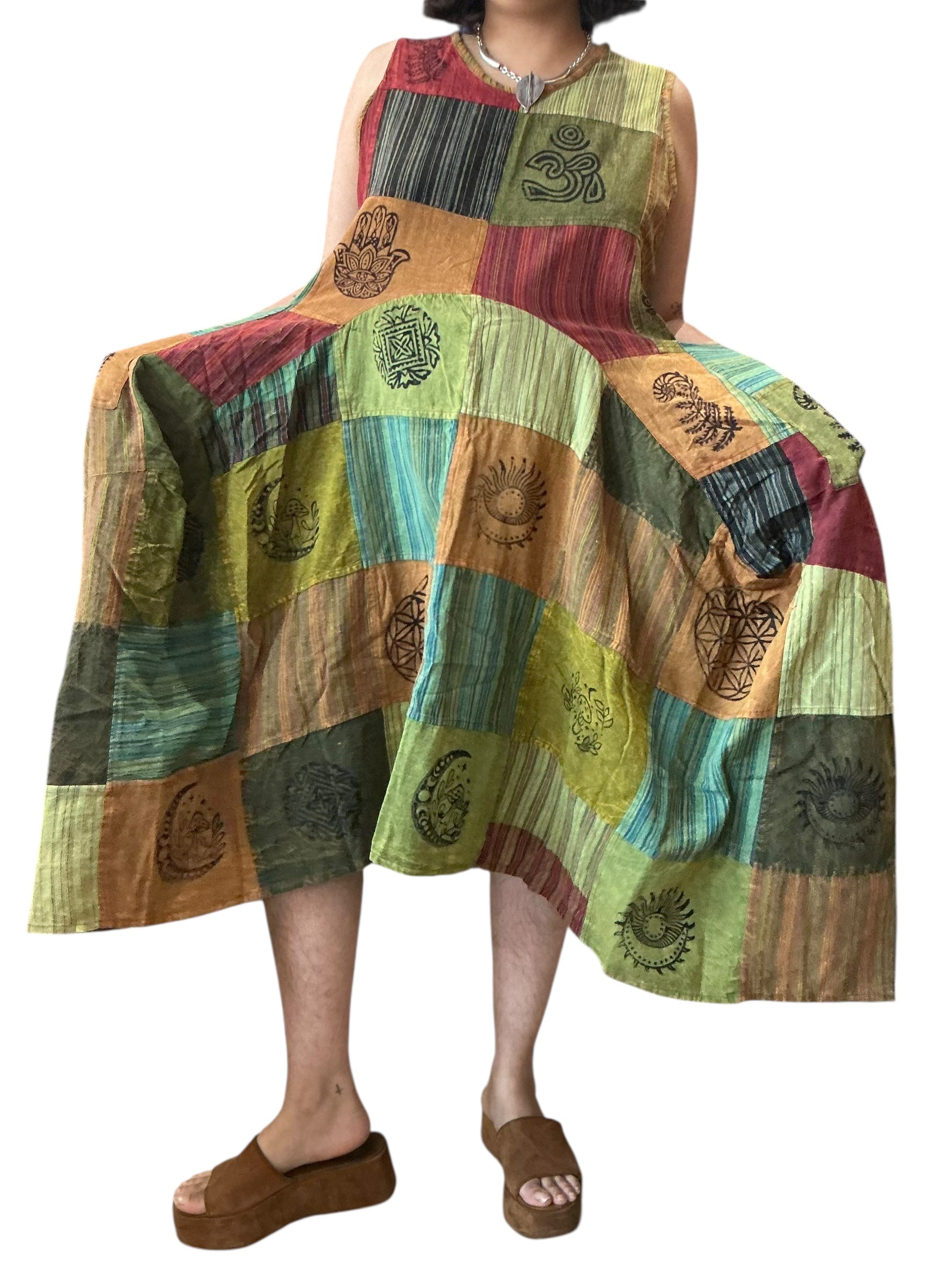 Yellow Patchwork Cotton Parachute Dress with Pockets