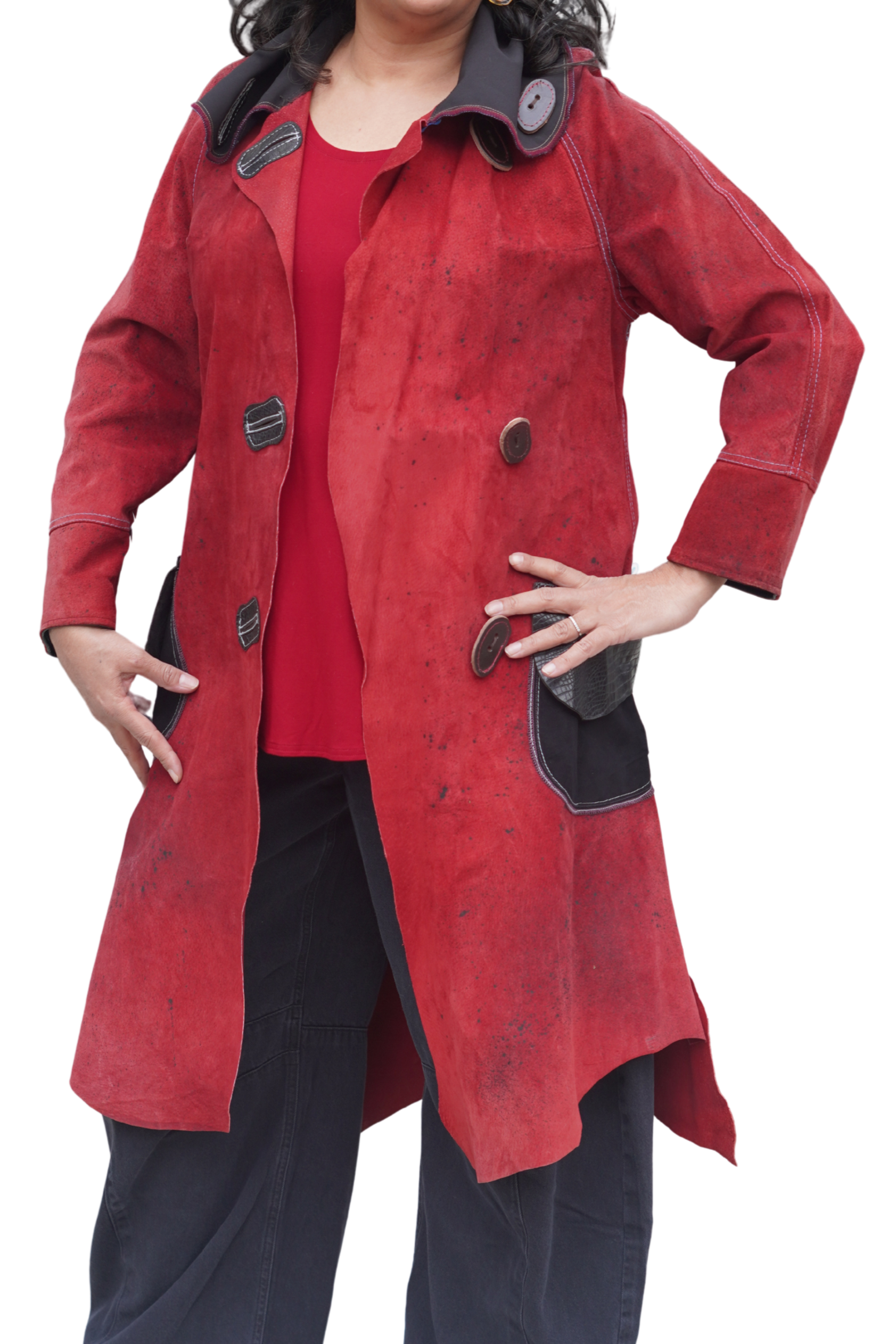 Hand-Painted Red and Black Suede 7/8 Coat by Pepin Designs #14