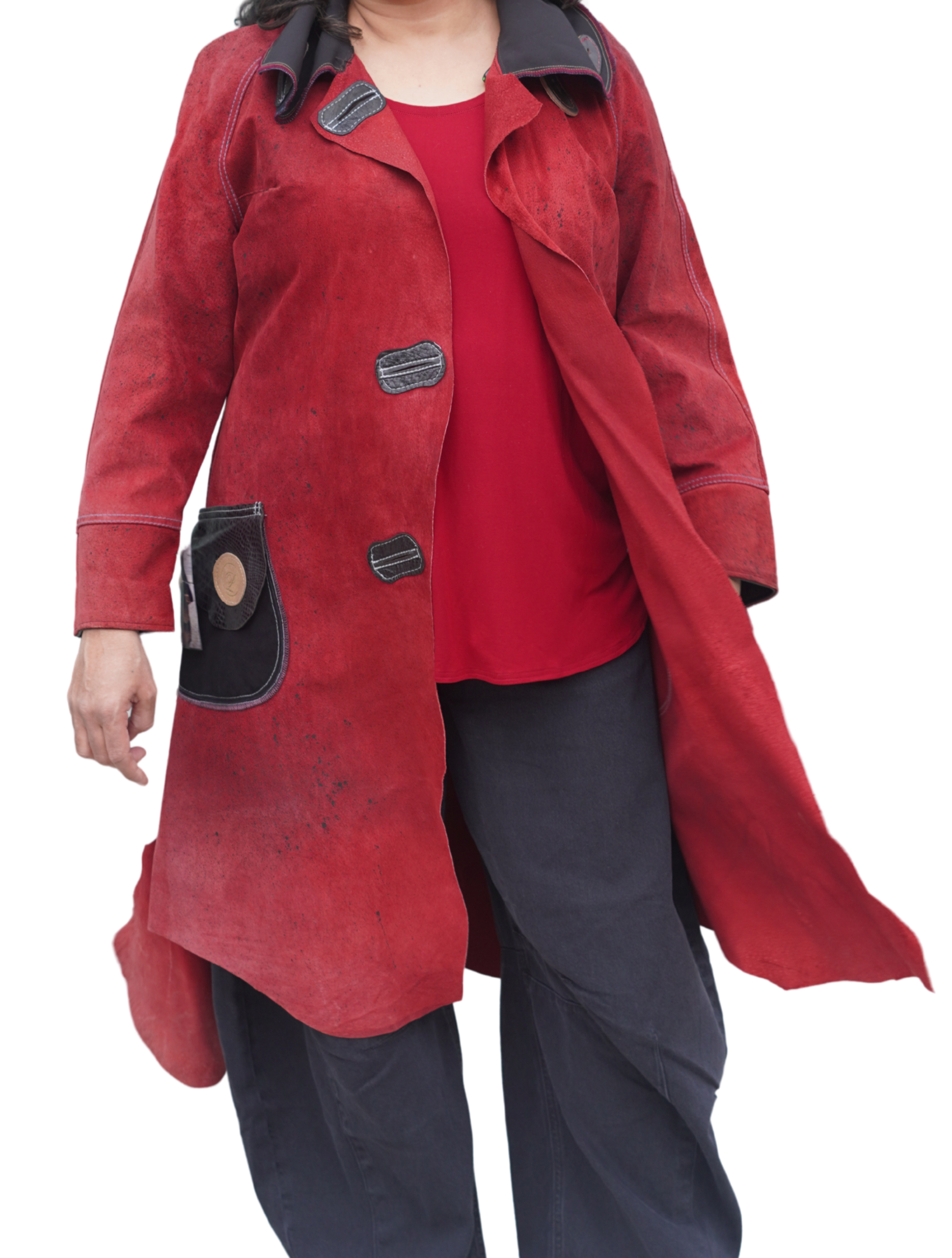Hand-Painted Red and Black Suede 7/8 Coat by Pepin Designs #14