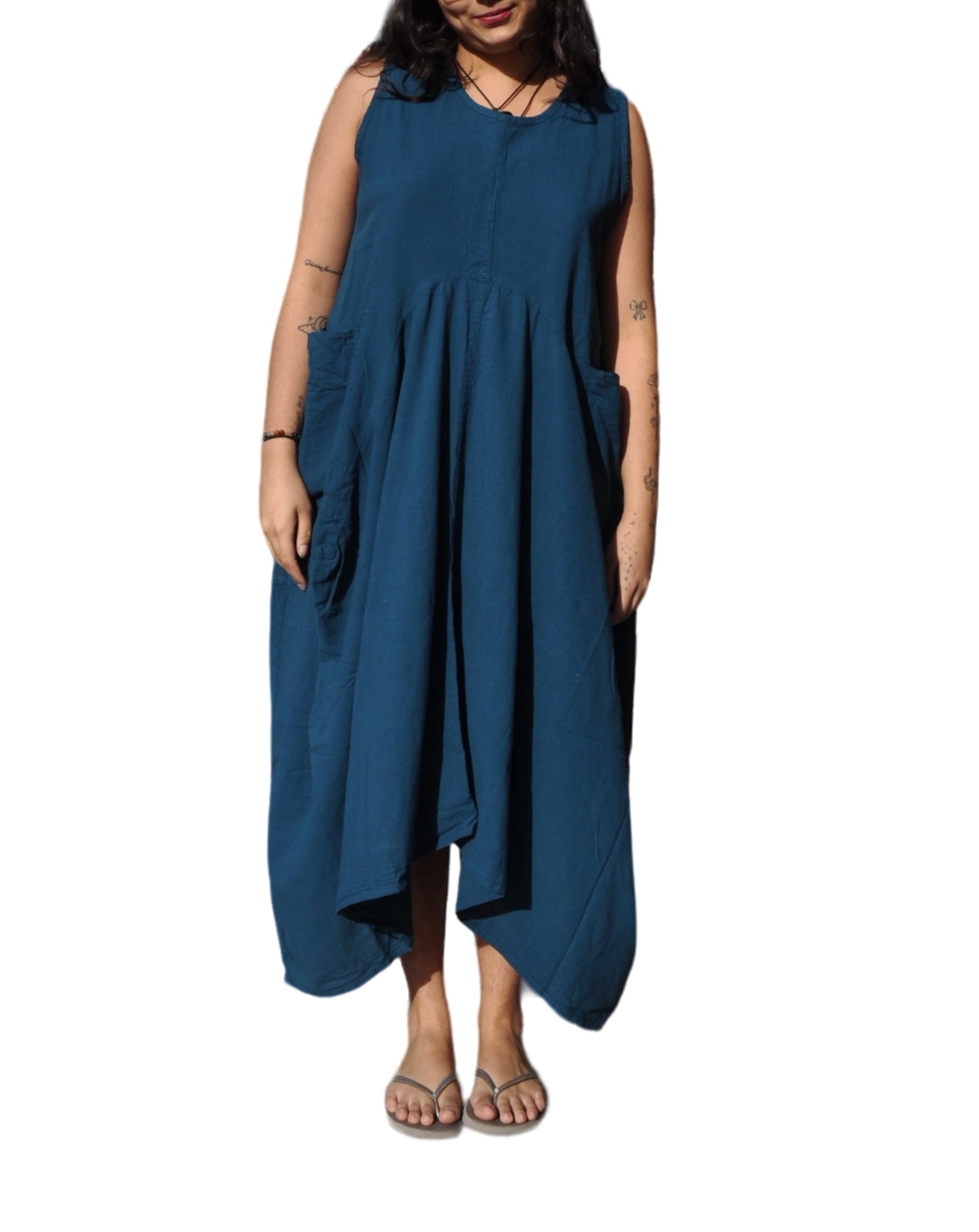 Teal Cotton Parachute Dress with Pockets by Creative Design – Handmade ethical Dress from sariKNOTsari using upcycled silk. Designed in Canada for travel and slow fashion, loved from Toronto to LA to Sydney. Featuring Zsiska, Bryn Walker and Artisan Leather coats by Rejean Pepin, Pepin designs