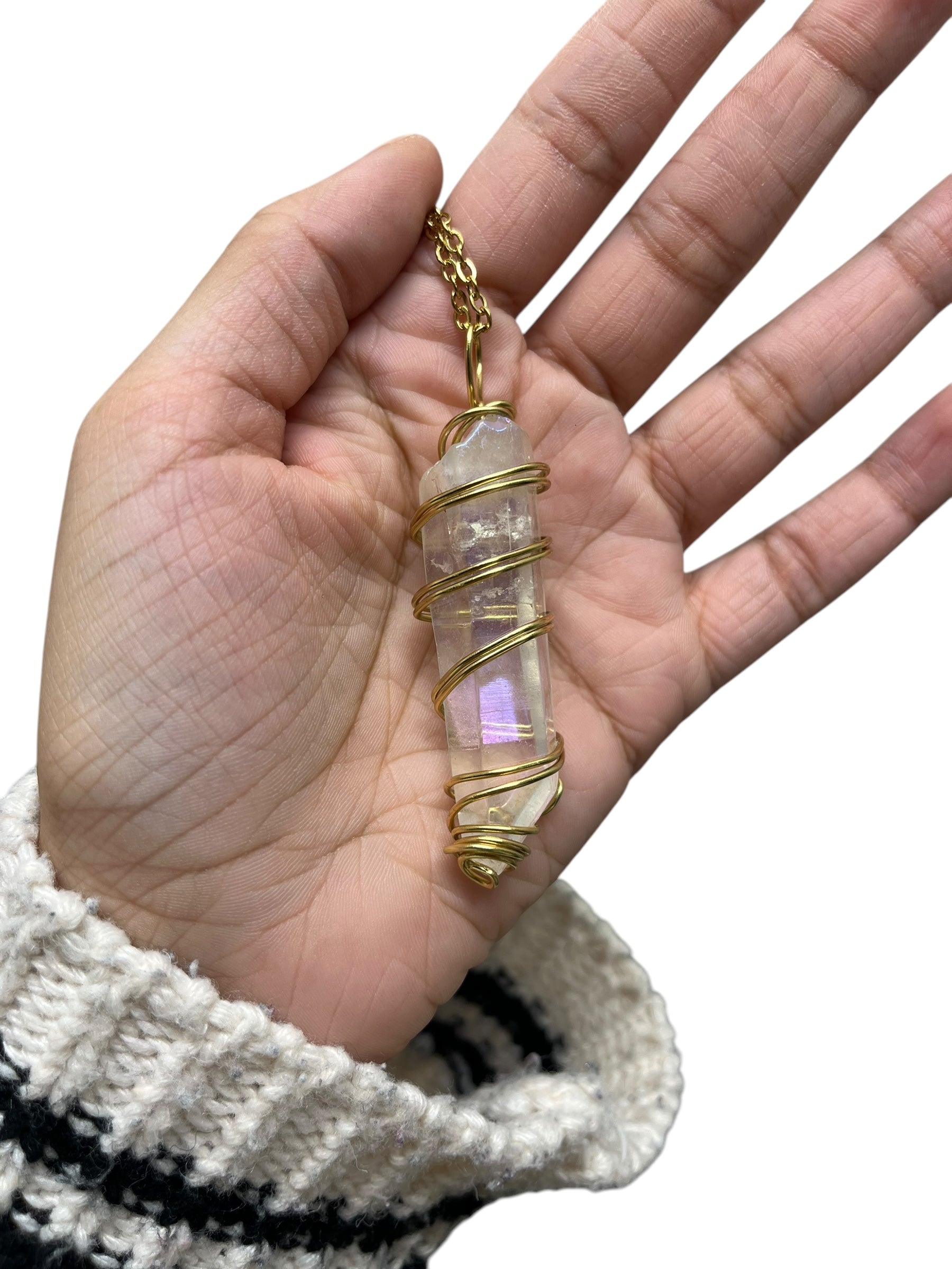 Aura Quartz Specialty Crystal Necklace - Gold by Wrapped By Rachel – Handmade ethical Necklace from sariKNOTsari using upcycled silk. Designed in Canada for travel and slow fashion, loved from Toronto to LA to Sydney. Featuring Zsiska, Bryn Walker and Artisan Leather coats by Rejean Pepin, Pepin designs