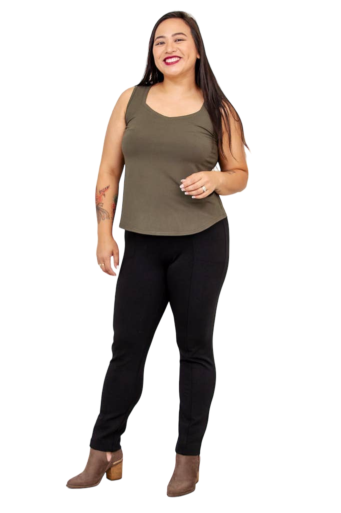 Khaki Bamboo Ritzy Tank by Blue Sky Clothing Co – Handmade ethical Tank Top from sariKNOTsari using upcycled silk. Designed in Canada for travel and slow fashion, loved from Toronto to LA to Sydney. Featuring Zsiska, Bryn Walker and Artisan Leather coats by Rejean Pepin, Pepin designs