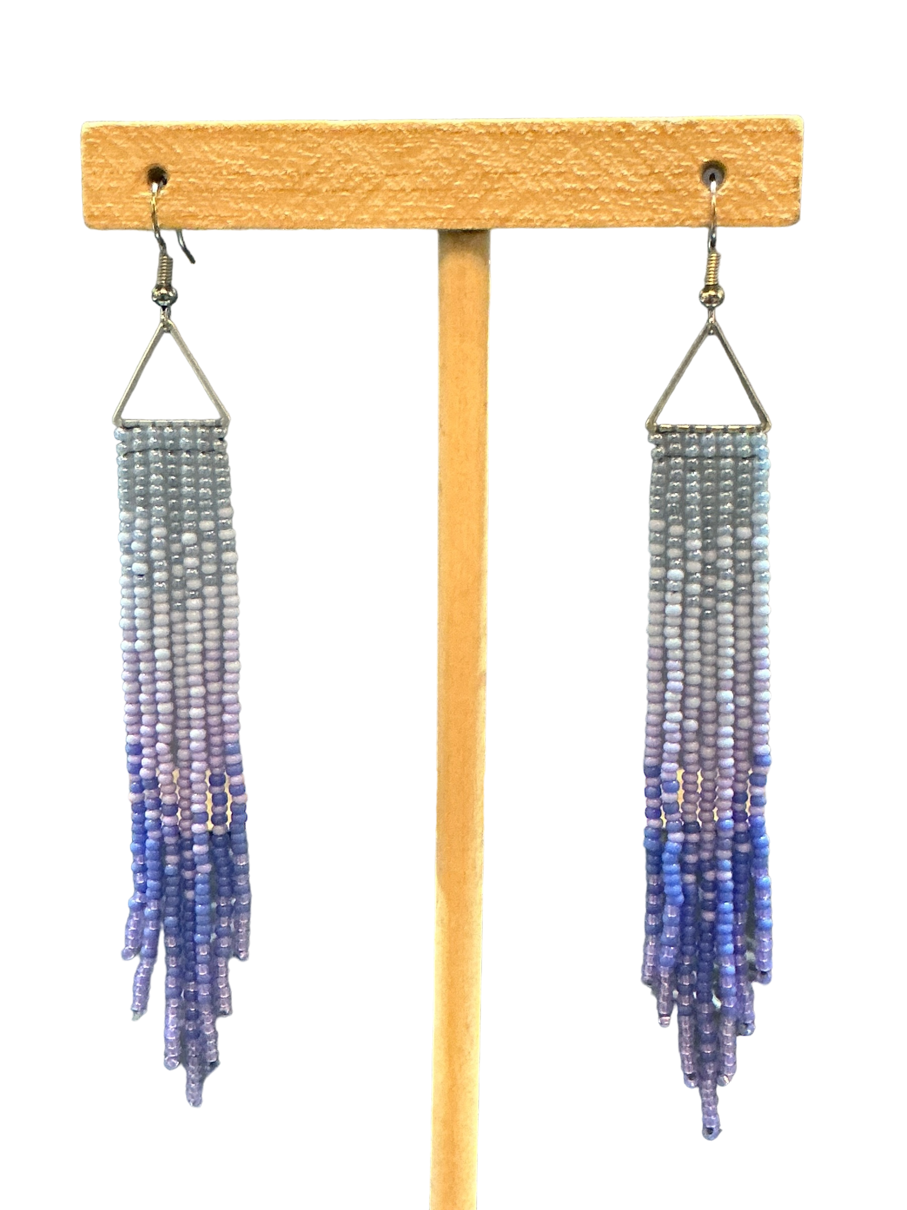 Periwinkle Mini Triangle Fringe Earrings by Beading Stardust – Handmade ethical Earrings from sariKNOTsari using upcycled silk. Designed in Canada for travel and slow fashion, loved from Toronto to LA to Sydney. Featuring Zsiska, Bryn Walker and Artisan Leather coats by Rejean Pepin, Pepin designs