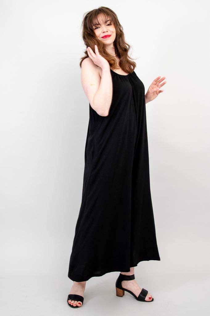 Joanna Black Linen Bamboo Jumpsuit by Blue Sky Clothing Co – Handmade ethical Jumpsuit from sariKNOTsari using upcycled silk. Designed in Canada for travel and slow fashion, loved from Toronto to LA to Sydney.
