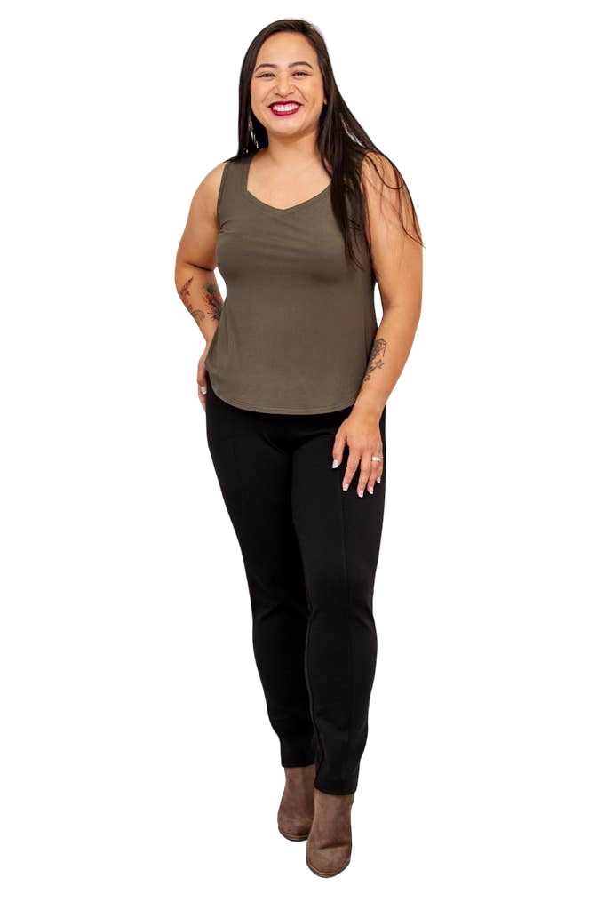 Khaki Bamboo Ritzy Tank by Blue Sky Clothing Co – Handmade ethical Tank Top from sariKNOTsari using upcycled silk. Designed in Canada for travel and slow fashion, loved from Toronto to LA to Sydney. Featuring Zsiska, Bryn Walker and Artisan Leather coats by Rejean Pepin, Pepin designs