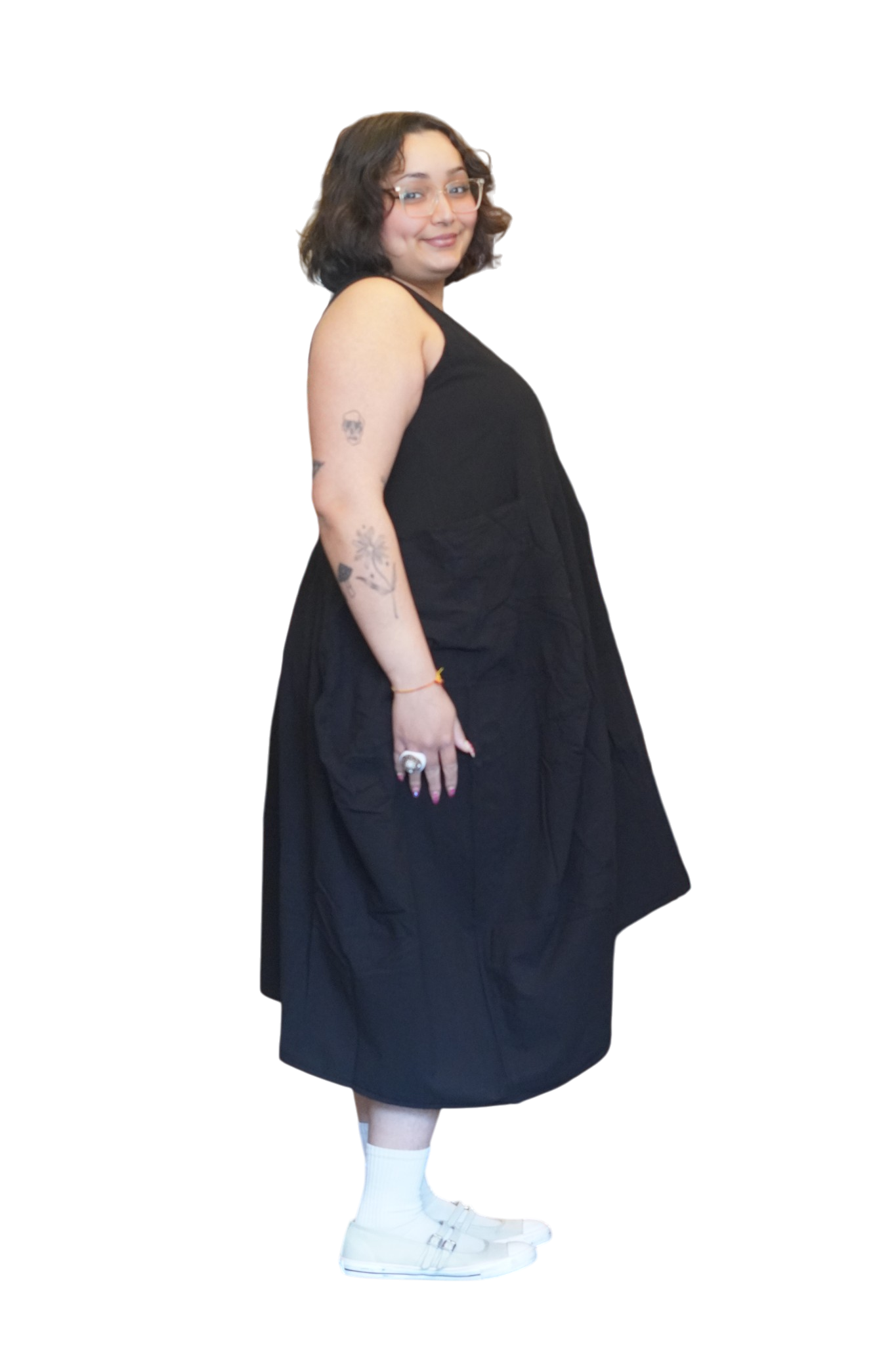 Black Cotton Parachute Dress with Pockets by Creative Design – Handmade ethical Dress from sariKNOTsari using upcycled silk. Designed in Canada for travel and slow fashion, loved from Toronto to LA to Sydney. Featuring Zsiska, Bryn Walker and Artisan Leather coats by Rejean Pepin, Pepin designs