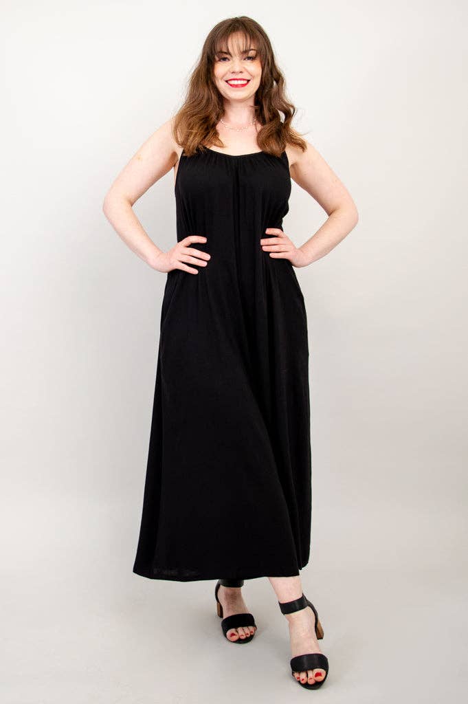 Joanna Black Linen Bamboo Jumpsuit by Blue Sky Clothing Co – Handmade ethical Jumpsuit from sariKNOTsari using upcycled silk. Designed in Canada for travel and slow fashion, loved from Toronto to LA to Sydney.