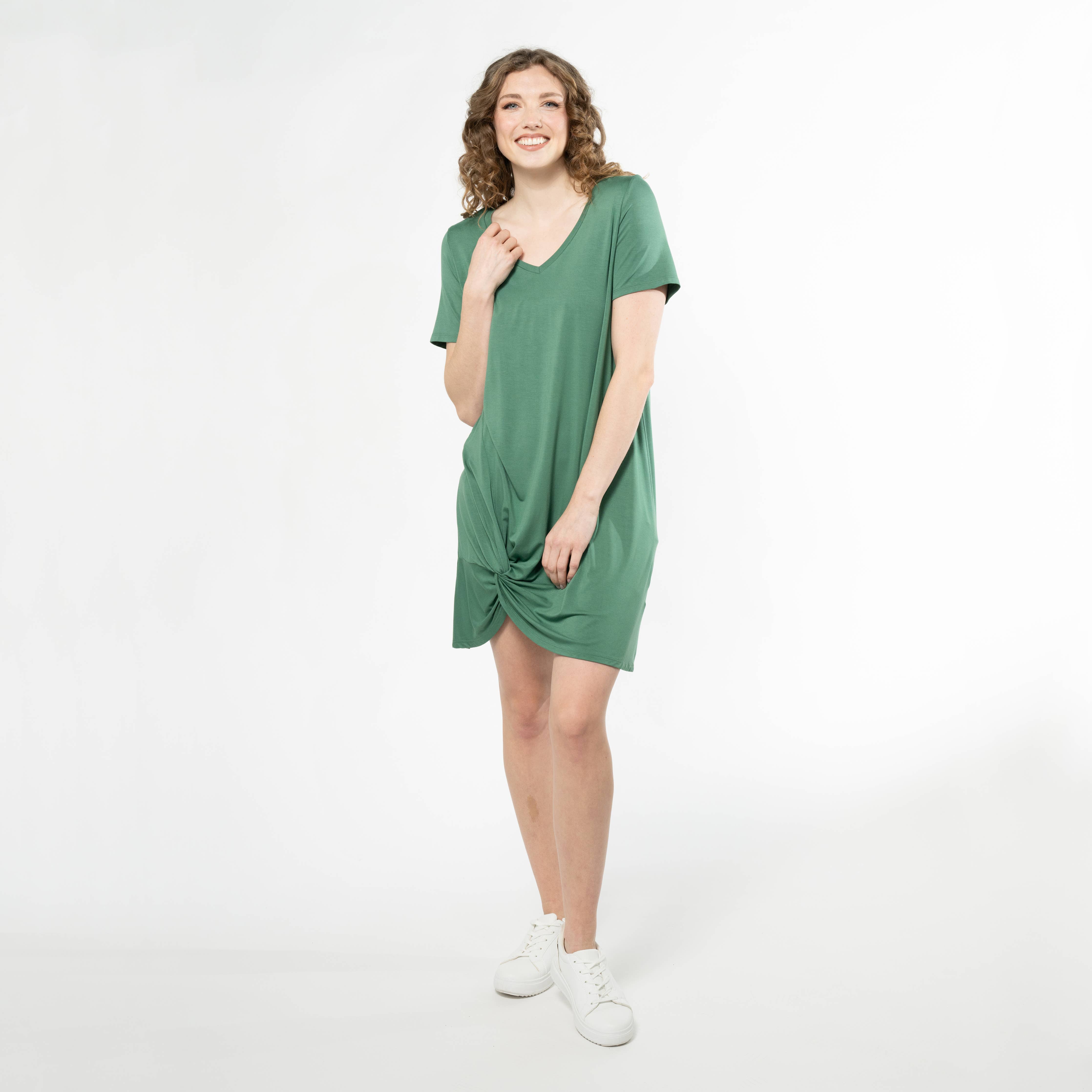 Lilah Twist Knot Bamboo T-shirt Dress - Forest Green
