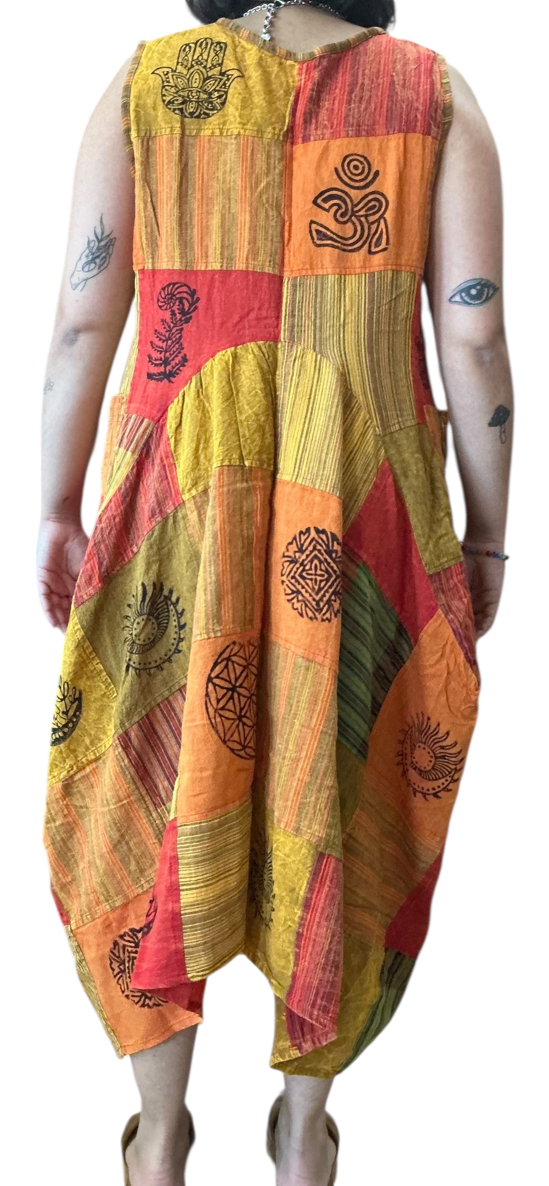 Orange Patchwork Cotton Parachute Dress with Pockets by Creative Design – Handmade ethical Dress from sariKNOTsari using upcycled silk. Designed in Canada for travel and slow fashion, loved from Toronto to LA to Sydney. Featuring Zsiska, Bryn Walker and Artisan Leather coats by Rejean Pepin, Pepin designs