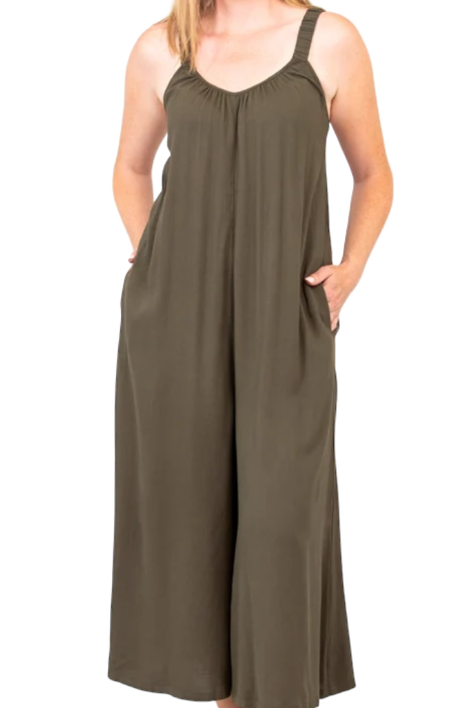 Joanna Khaki Linen Bamboo Jumpsuit by Blue Sky Clothing Co – Handmade ethical Jumpsuit from sariKNOTsari using upcycled silk. Designed in Canada for travel and slow fashion, loved from Toronto to LA to Sydney. Featuring Zsiska, Bryn Walker and Artisan Leather coats by Rejean Pepin, Pepin designs