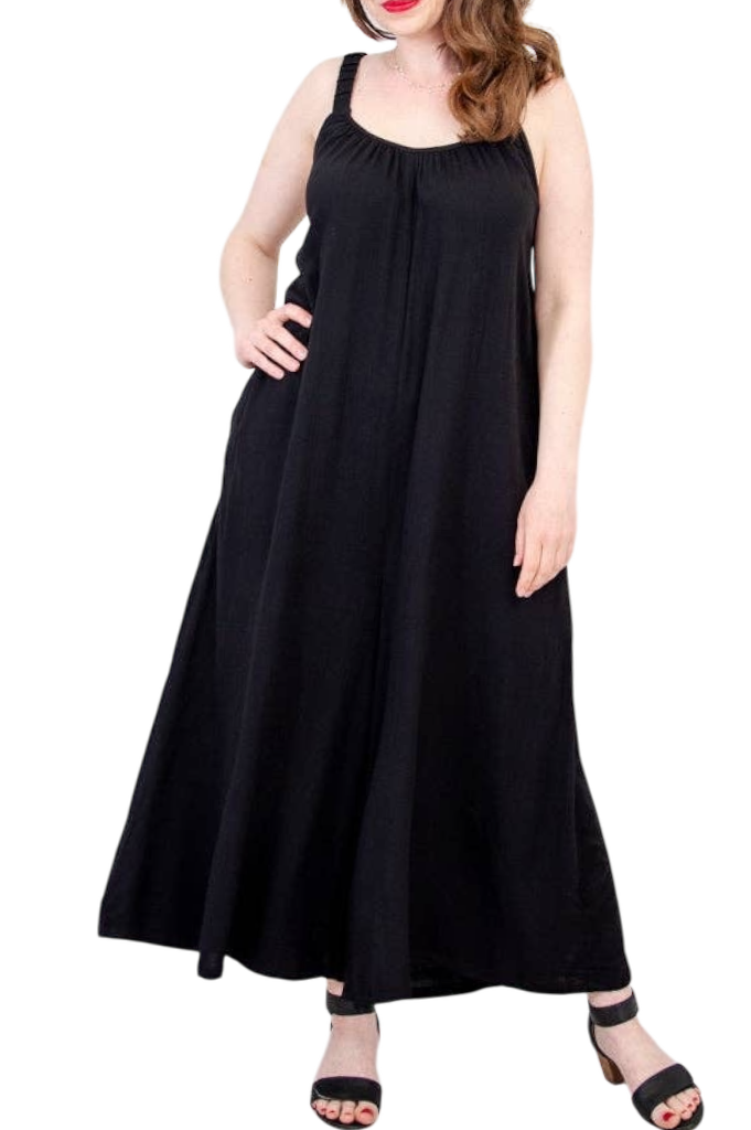 Joanna Black Linen Bamboo Jumpsuit by Blue Sky Clothing Co – Handmade ethical Jumpsuit from sariKNOTsari using upcycled silk. Designed in Canada for travel and slow fashion, loved from Toronto to LA to Sydney.