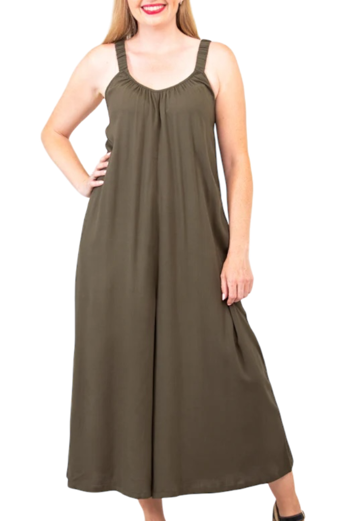 Joanna Khaki Linen Bamboo Jumpsuit by Blue Sky Clothing Co – Handmade ethical Jumpsuit from sariKNOTsari using upcycled silk. Designed in Canada for travel and slow fashion, loved from Toronto to LA to Sydney. Featuring Zsiska, Bryn Walker and Artisan Leather coats by Rejean Pepin, Pepin designs