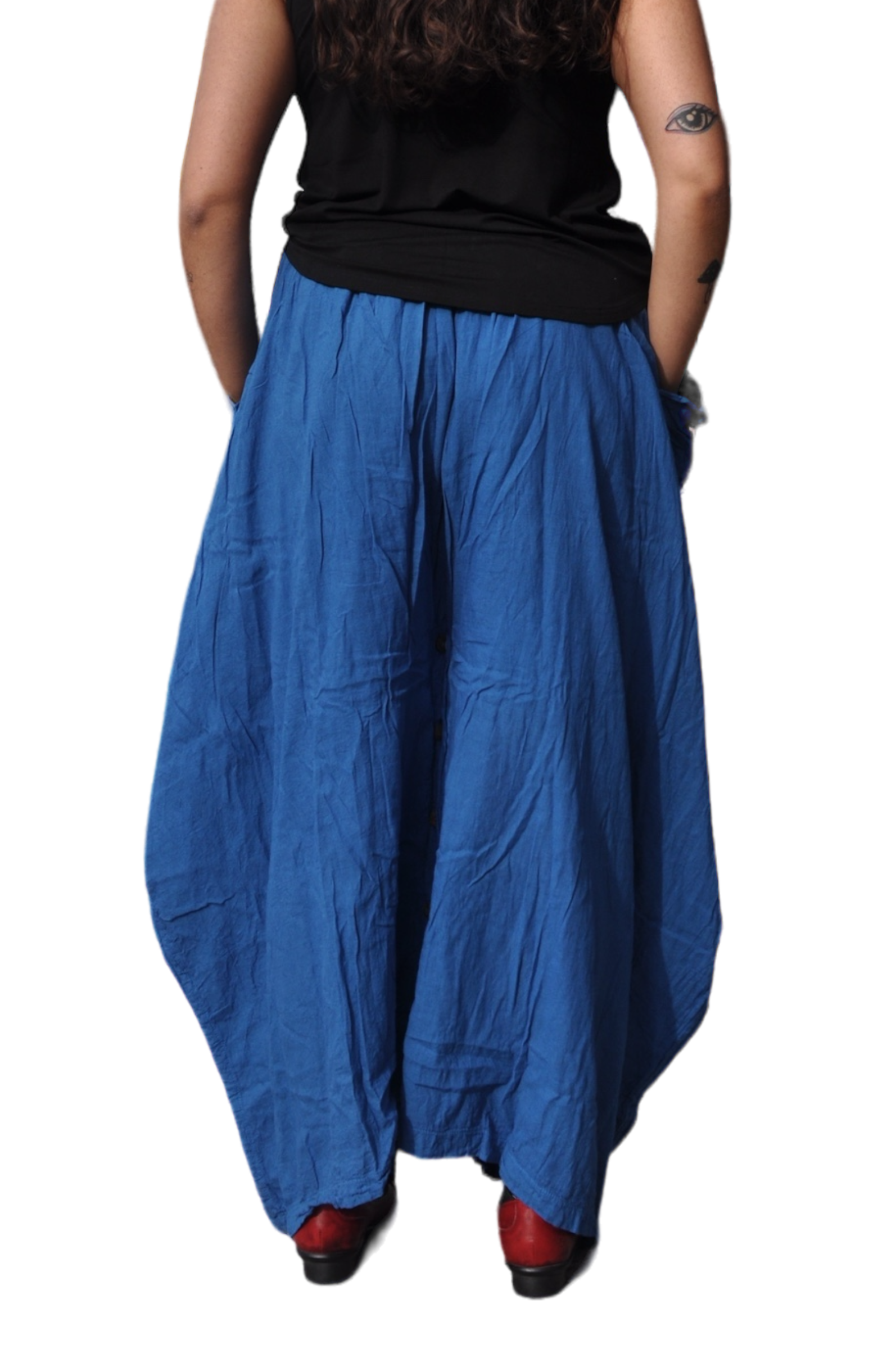 Deep Sky Blue Cotton Voile Tashi Versatile Pants/Skirt by Creative Design – Handmade ethical Pants/Skirt from sariKNOTsari using upcycled silk. Designed in Canada for travel and slow fashion, loved from Toronto to LA to Sydney. Featuring Zsiska, Bryn Walker and Artisan Leather coats by Rejean Pepin, Pepin designs