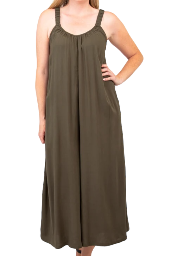 Joanna Khaki Linen Bamboo Jumpsuit by Blue Sky Clothing Co – Handmade ethical Jumpsuit from sariKNOTsari using upcycled silk. Designed in Canada for travel and slow fashion, loved from Toronto to LA to Sydney. Featuring Zsiska, Bryn Walker and Artisan Leather coats by Rejean Pepin, Pepin designs