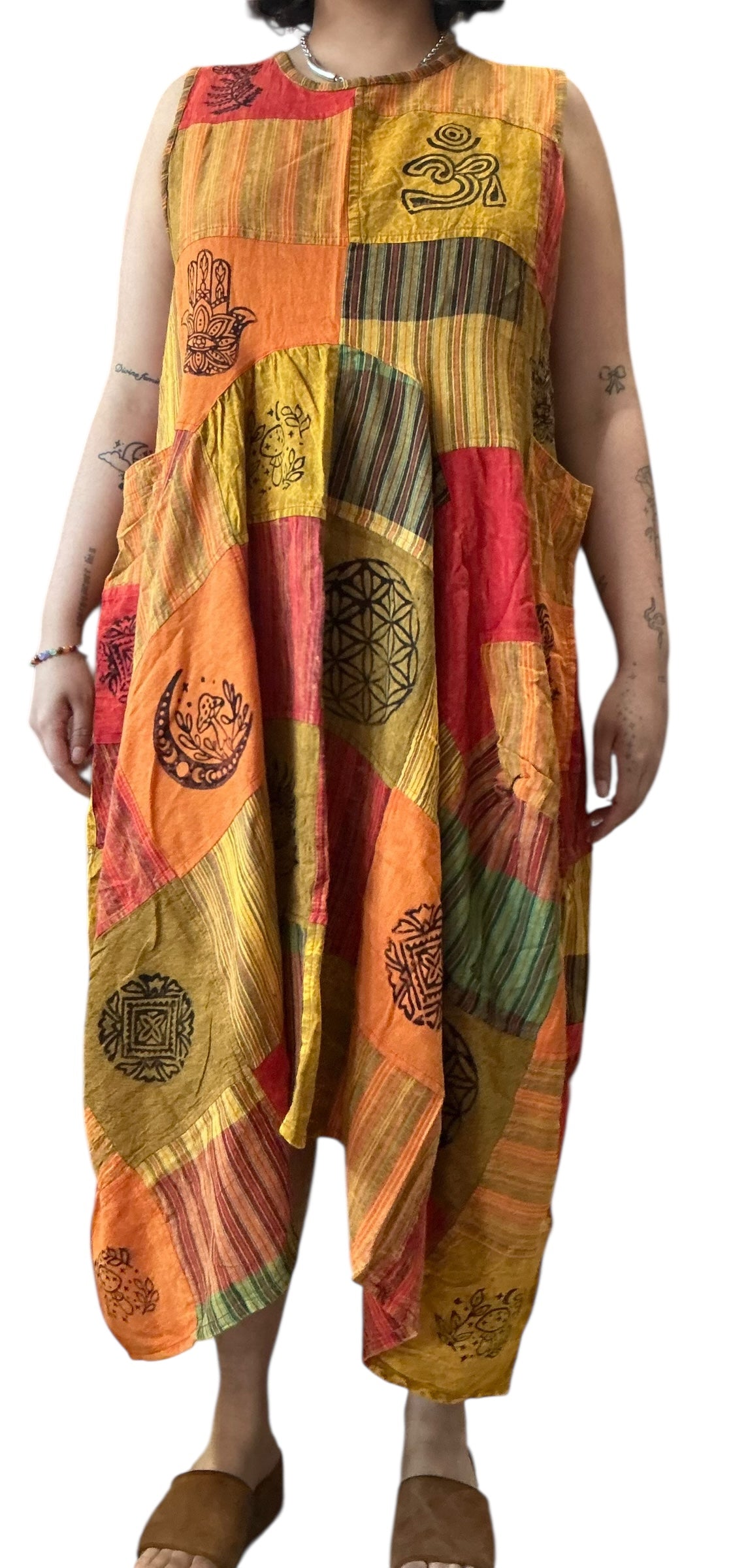 Orange Patchwork Cotton Parachute Dress with Pockets