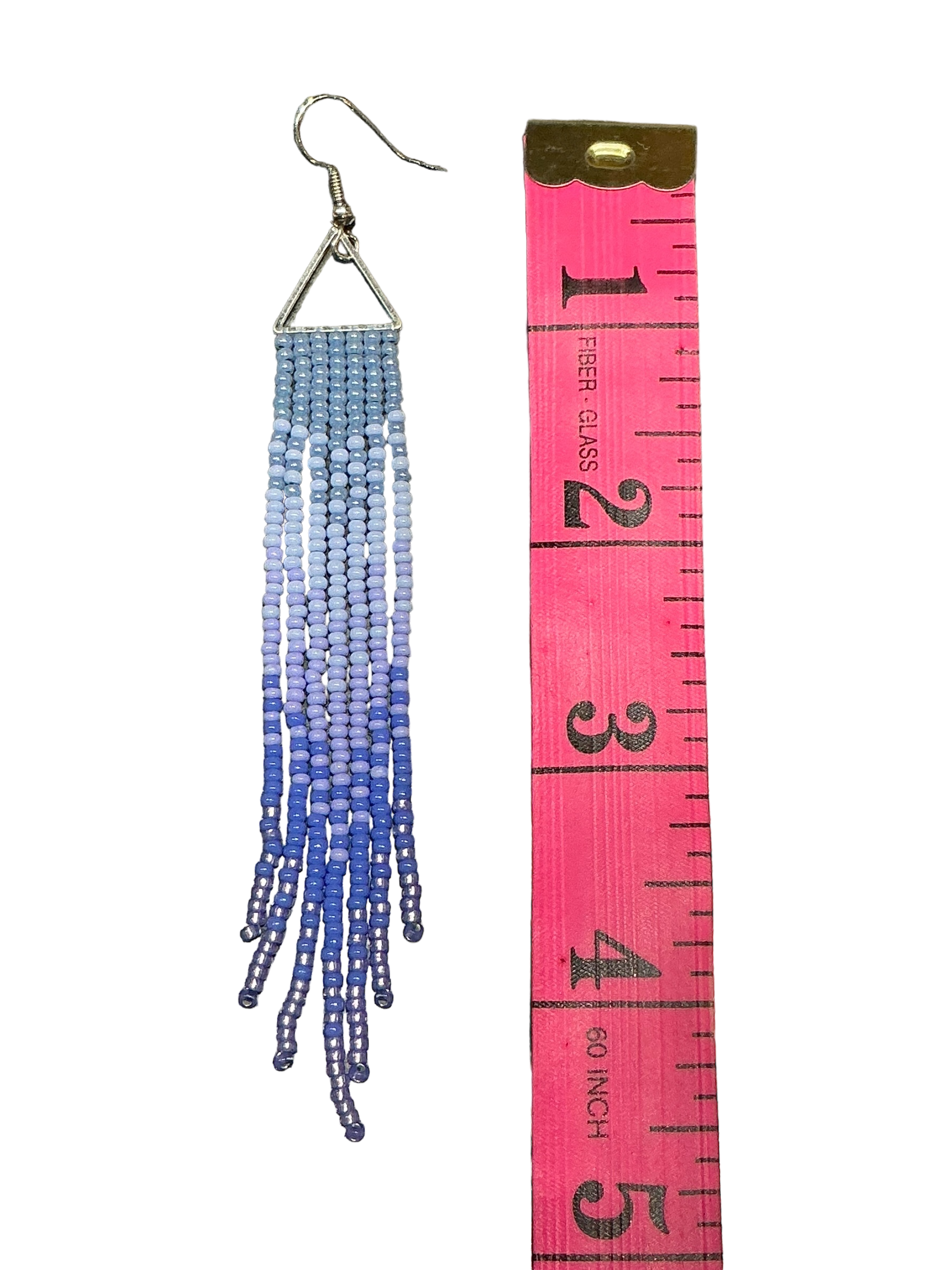 Periwinkle Mini Triangle Fringe Earrings by Beading Stardust – Handmade ethical Earrings from sariKNOTsari using upcycled silk. Designed in Canada for travel and slow fashion, loved from Toronto to LA to Sydney. Featuring Zsiska, Bryn Walker and Artisan Leather coats by Rejean Pepin, Pepin designs