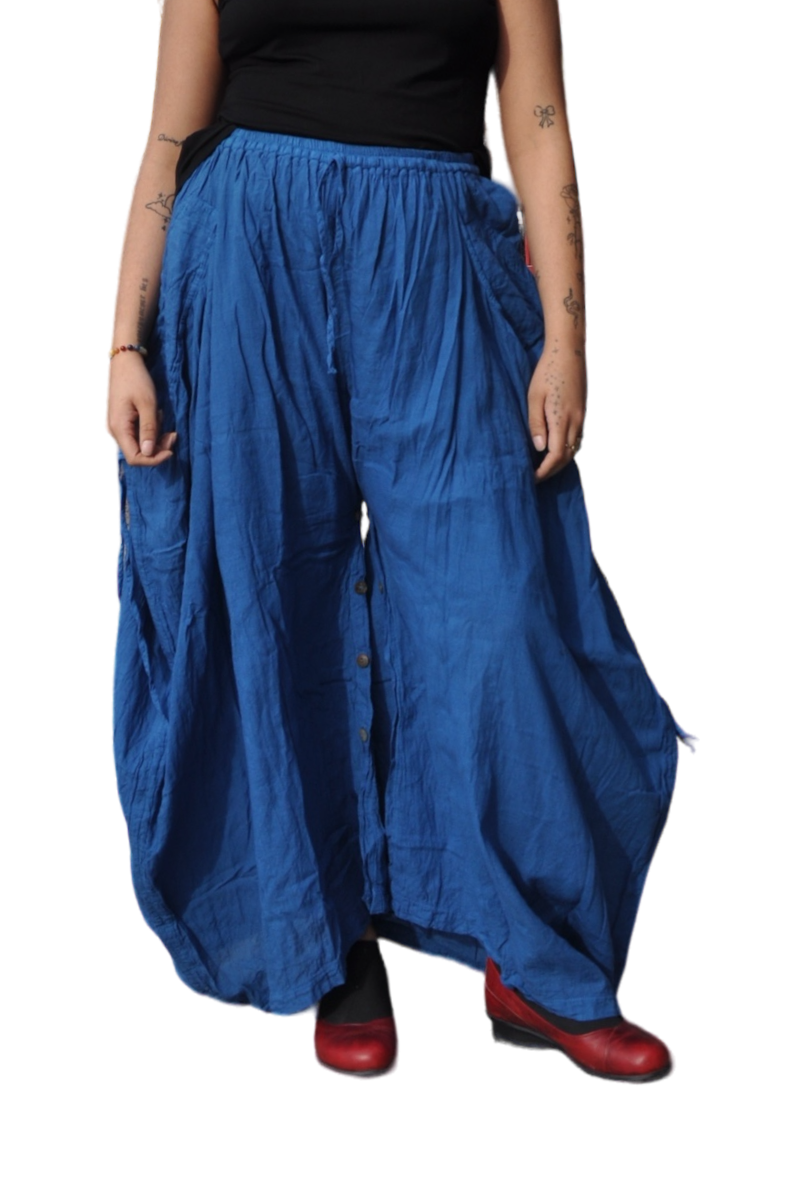 Deep Sky Blue Cotton Voile Tashi Versatile Pants/Skirt by Creative Design – Handmade ethical Pants/Skirt from sariKNOTsari using upcycled silk. Designed in Canada for travel and slow fashion, loved from Toronto to LA to Sydney. Featuring Zsiska, Bryn Walker and Artisan Leather coats by Rejean Pepin, Pepin designs