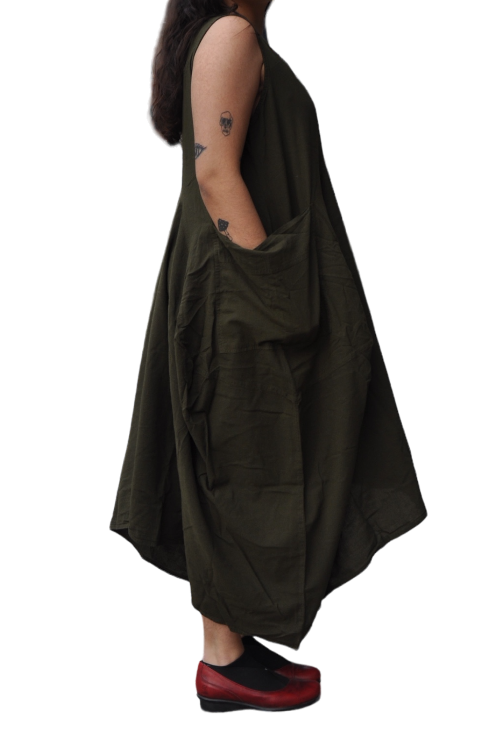 Olive Cotton Parachute Dress with Pockets by Creative Design – Handmade ethical Dress from sariKNOTsari using upcycled silk. Designed in Canada for travel and slow fashion, loved from Toronto to LA to Sydney. Featuring Zsiska, Bryn Walker and Artisan Leather coats by Rejean Pepin, Pepin designs