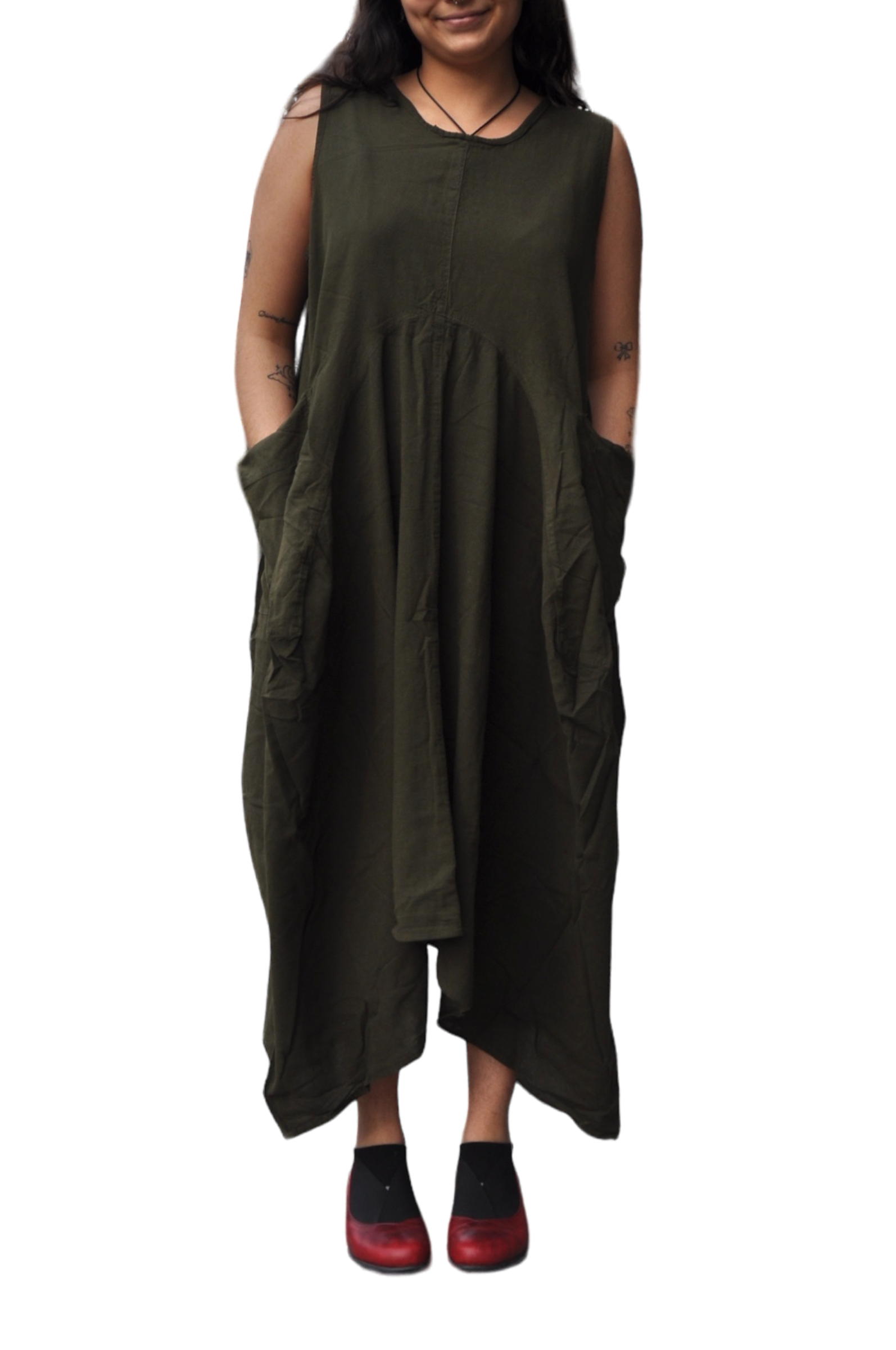 Olive Cotton Parachute Dress with Pockets by Creative Design – Handmade ethical Dress from sariKNOTsari using upcycled silk. Designed in Canada for travel and slow fashion, loved from Toronto to LA to Sydney. Featuring Zsiska, Bryn Walker and Artisan Leather coats by Rejean Pepin, Pepin designs