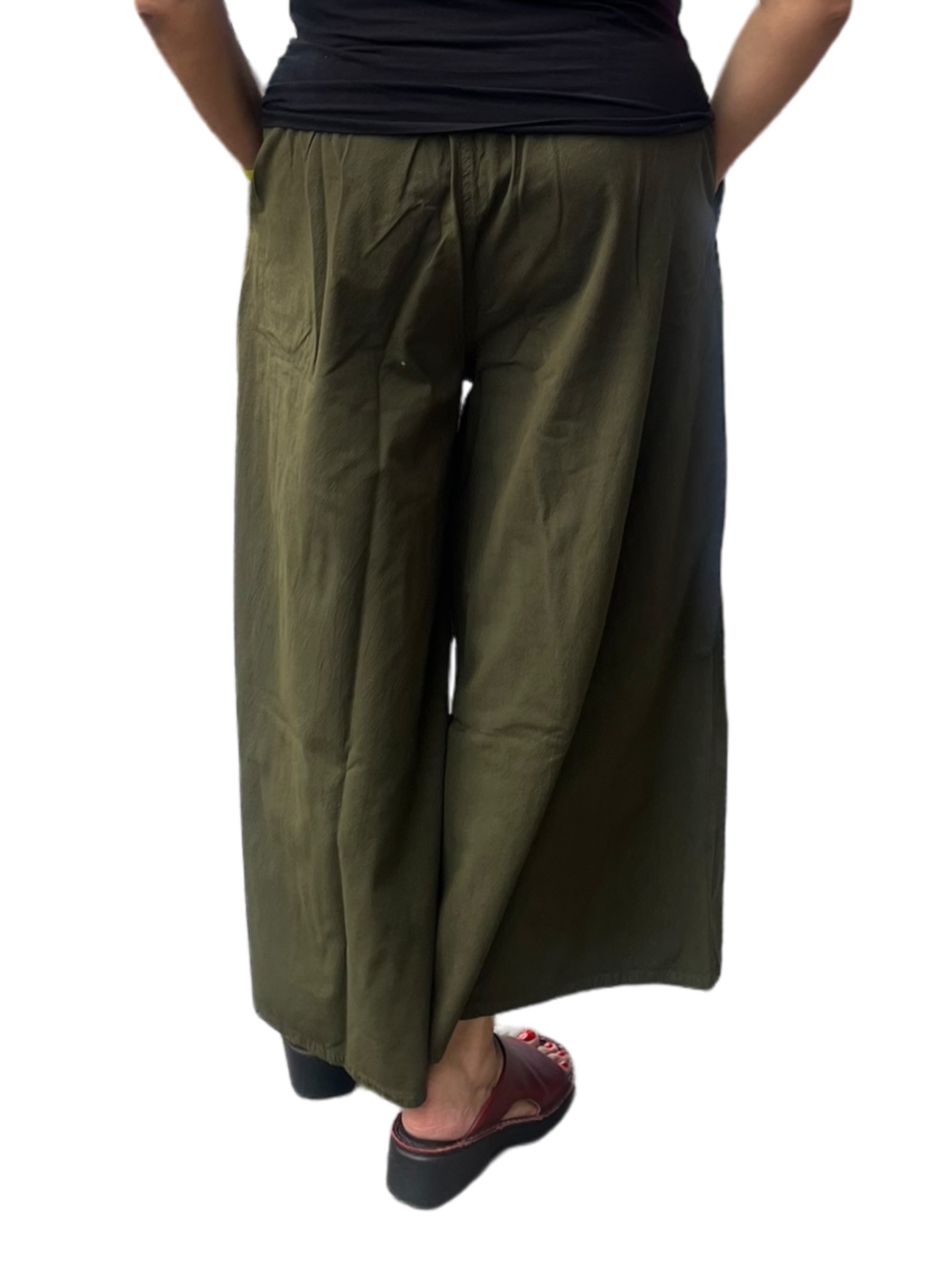Olive Cotton Palazzo Pants by Creative Design – Handmade ethical Pants/Skirt from sariKNOTsari using upcycled silk. Designed in Canada for travel and slow fashion, loved from Toronto to LA to Sydney. Featuring Zsiska, Bryn Walker and Artisan Leather coats by Rejean Pepin, Pepin designs