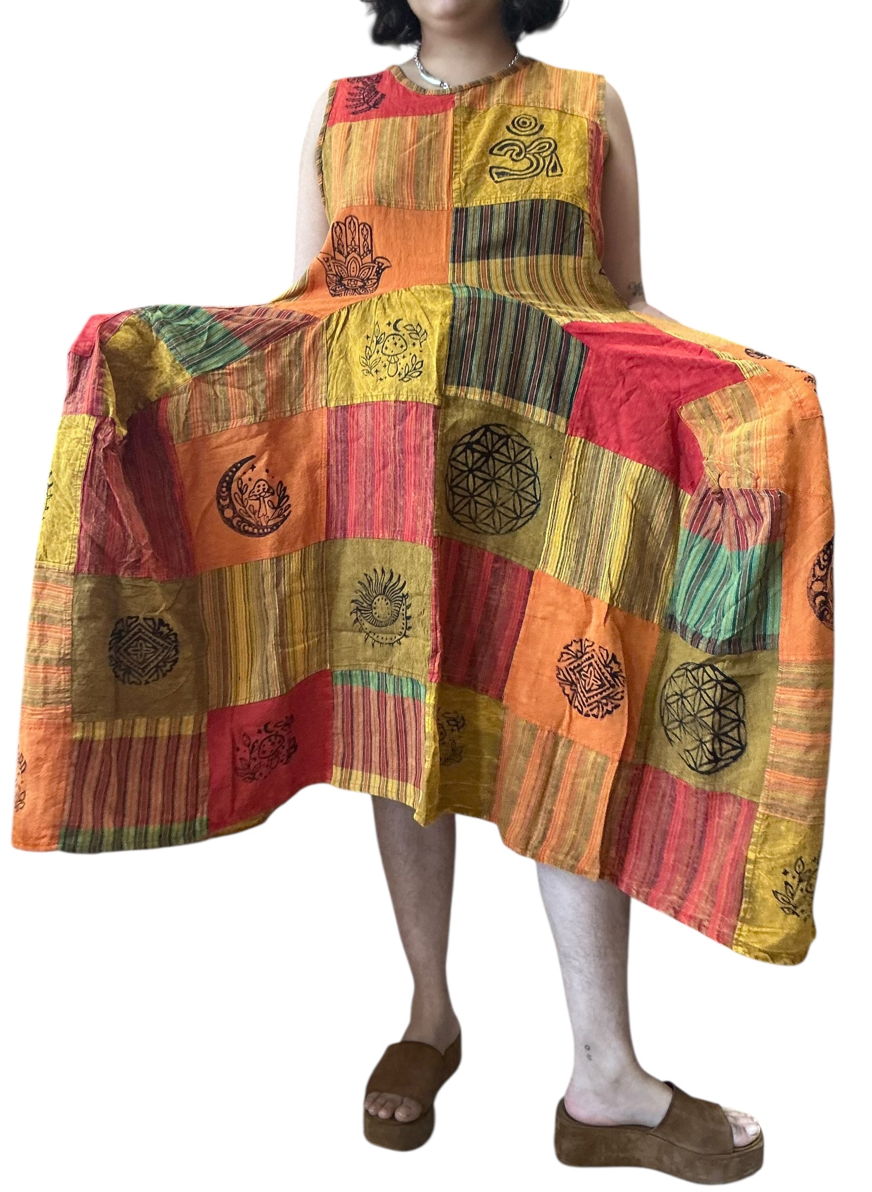 Orange Patchwork Cotton Parachute Dress with Pockets by Creative Design – Handmade ethical Dress from sariKNOTsari using upcycled silk. Designed in Canada for travel and slow fashion, loved from Toronto to LA to Sydney. Featuring Zsiska, Bryn Walker and Artisan Leather coats by Rejean Pepin, Pepin designs
