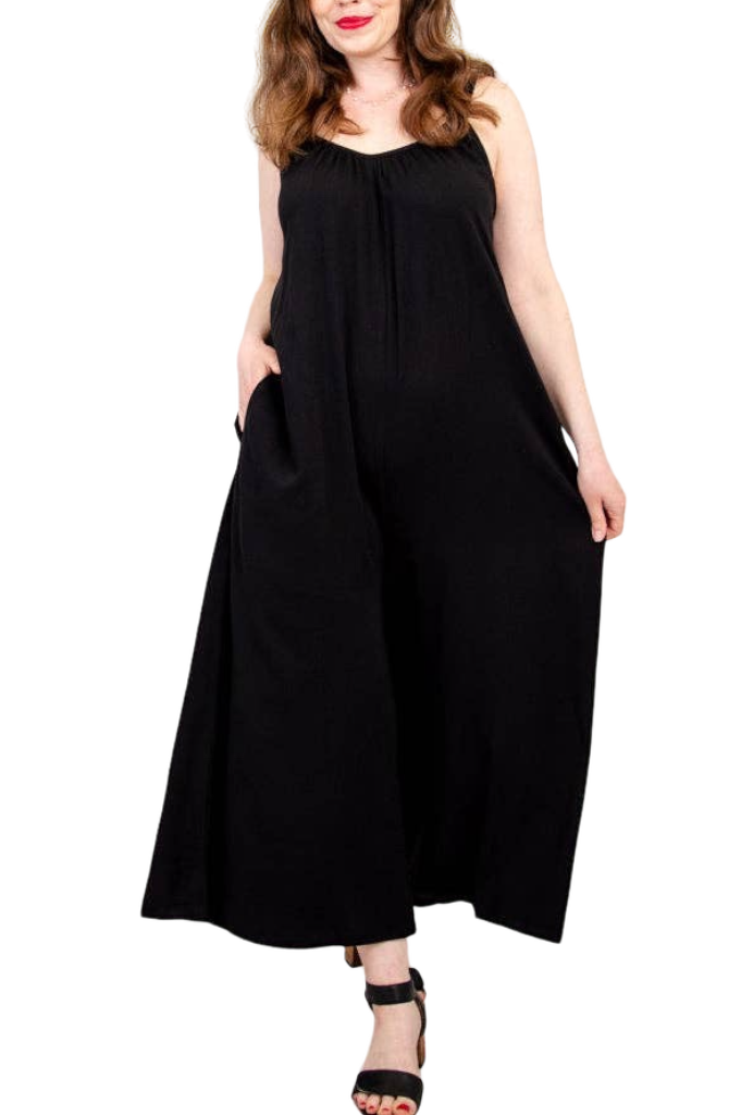Joanna Black Linen Bamboo Jumpsuit by Blue Sky Clothing Co – Handmade ethical Jumpsuit from sariKNOTsari using upcycled silk. Designed in Canada for travel and slow fashion, loved from Toronto to LA to Sydney.