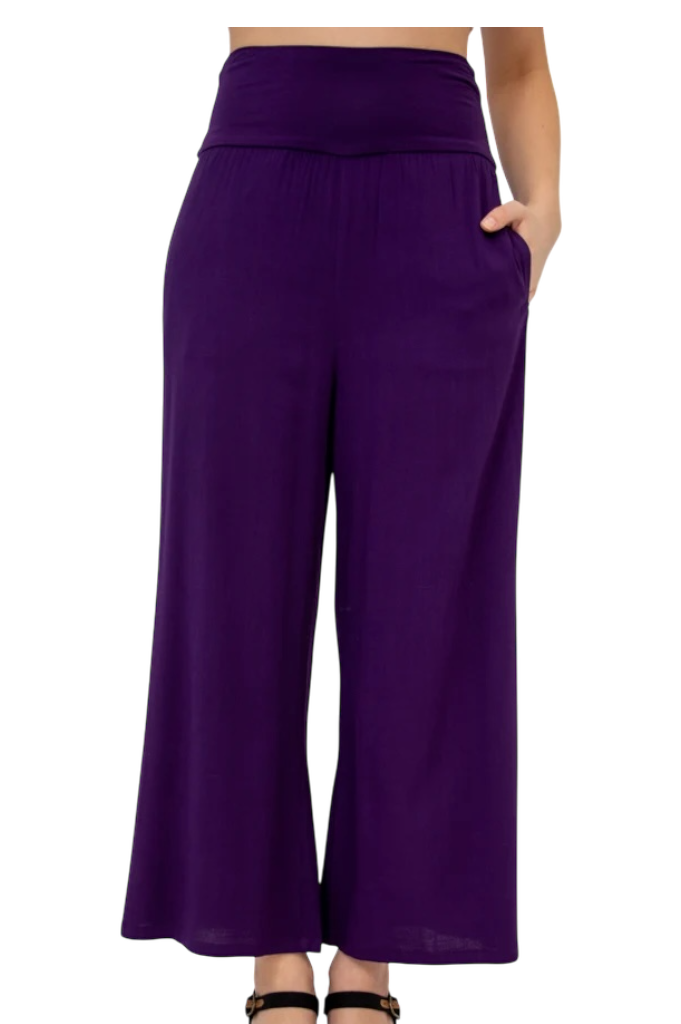 Aubergine Bamboo/Linen Landon Capri Pant by Blue Sky Clothing Co – Handmade ethical Capris from sariKNOTsari using upcycled silk. Designed in Canada for travel and slow fashion, loved from Toronto to LA to Sydney. Featuring Zsiska, Bryn Walker and Artisan Leather coats by Rejean Pepin, Pepin designs