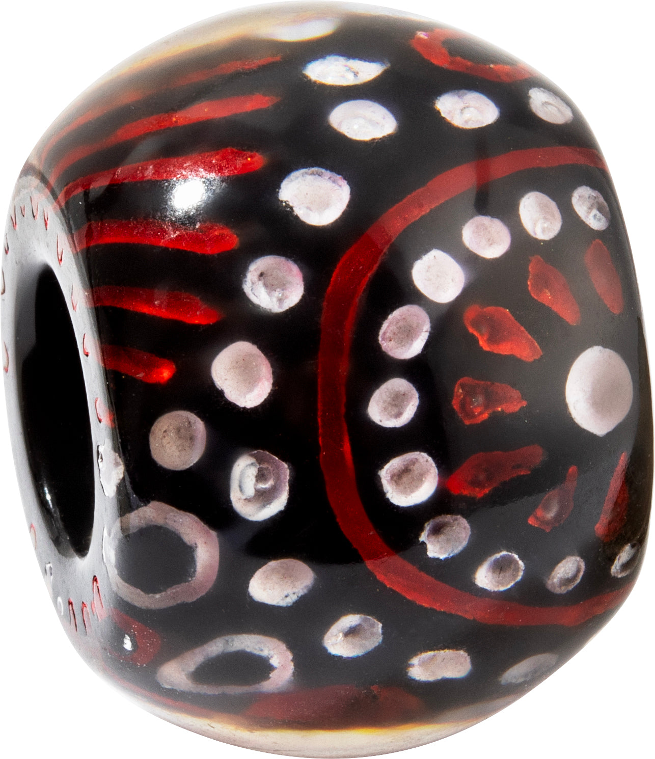 Red, Black, and White Art Bliss Bead - Small Opening by Zsiska – Handmade ethical Bead from sariKNOTsari using upcycled silk. Designed in Canada for travel and slow fashion, loved from Toronto to LA to Sydney.