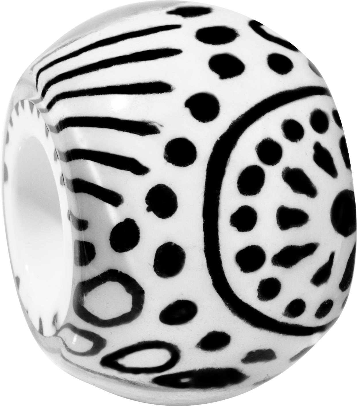 Black and White Art Bliss Bead - Small Opening by Zsiska – Handmade ethical Bead from sariKNOTsari using upcycled silk. Designed in Canada for travel and slow fashion, loved from Toronto to LA to Sydney.