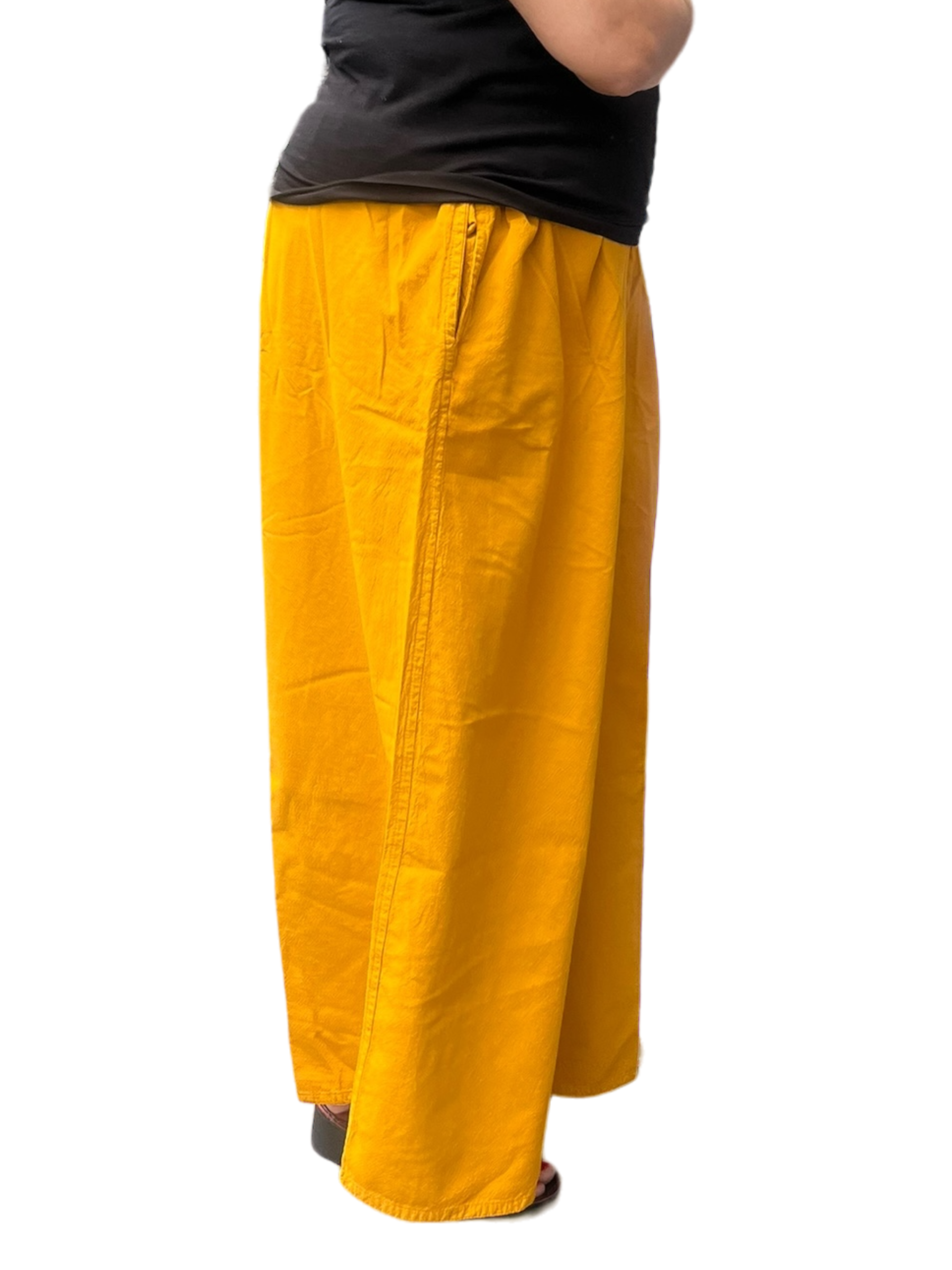 Mustard Cotton Palazzo Pants by Creative Design – Handmade ethical Pants/Skirt from sariKNOTsari using upcycled silk. Designed in Canada for travel and slow fashion, loved from Toronto to LA to Sydney. Featuring Zsiska, Bryn Walker and Artisan Leather coats by Rejean Pepin, Pepin designs