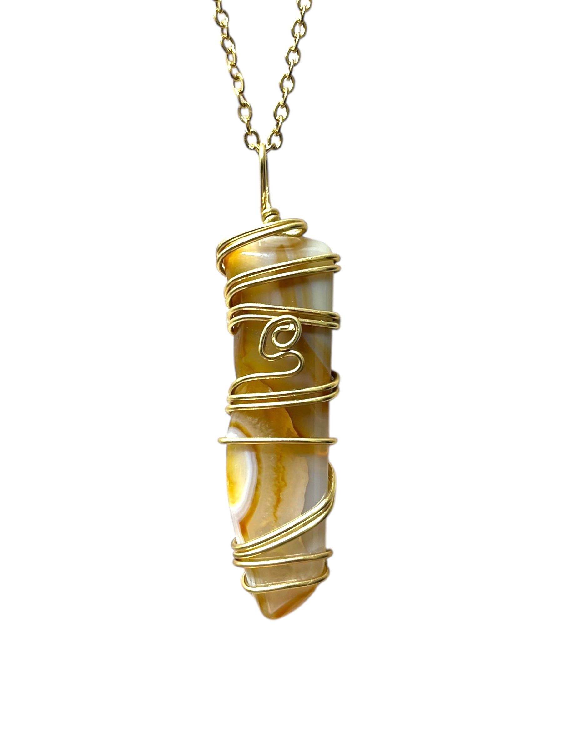 Agate Specialty Crystal Necklace - Gold by Wrapped By Rachel – Handmade ethical Necklace from sariKNOTsari using upcycled silk. Designed in Canada for travel and slow fashion, loved from Toronto to LA to Sydney. Featuring Zsiska, Bryn Walker and Artisan Leather coats by Rejean Pepin, Pepin designs