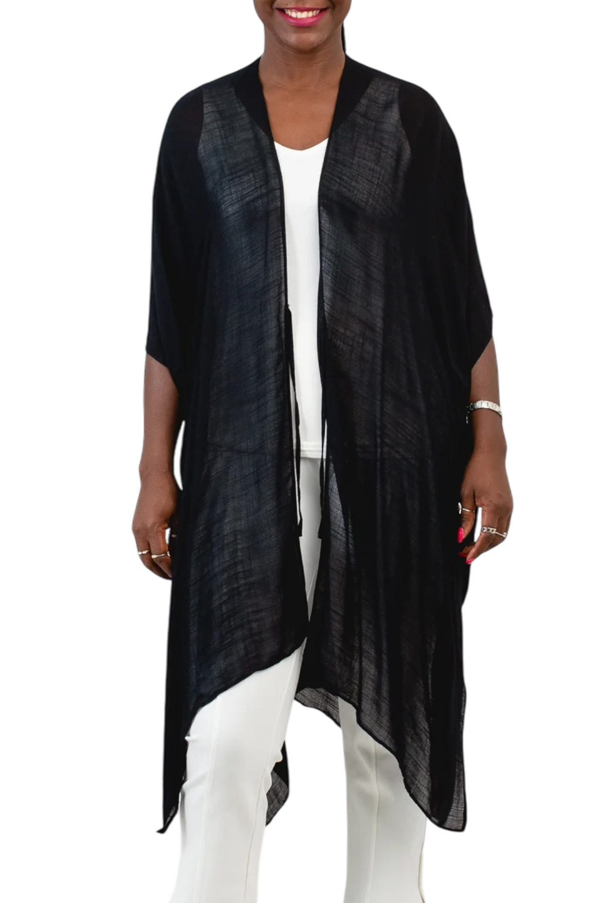 Darcy Black Lightweight Open Cardigan by Blue Sky Clothing Co – Handmade ethical Topper from sariKNOTsari using upcycled silk. Designed in Canada for travel and slow fashion, loved from Toronto to LA to Sydney.