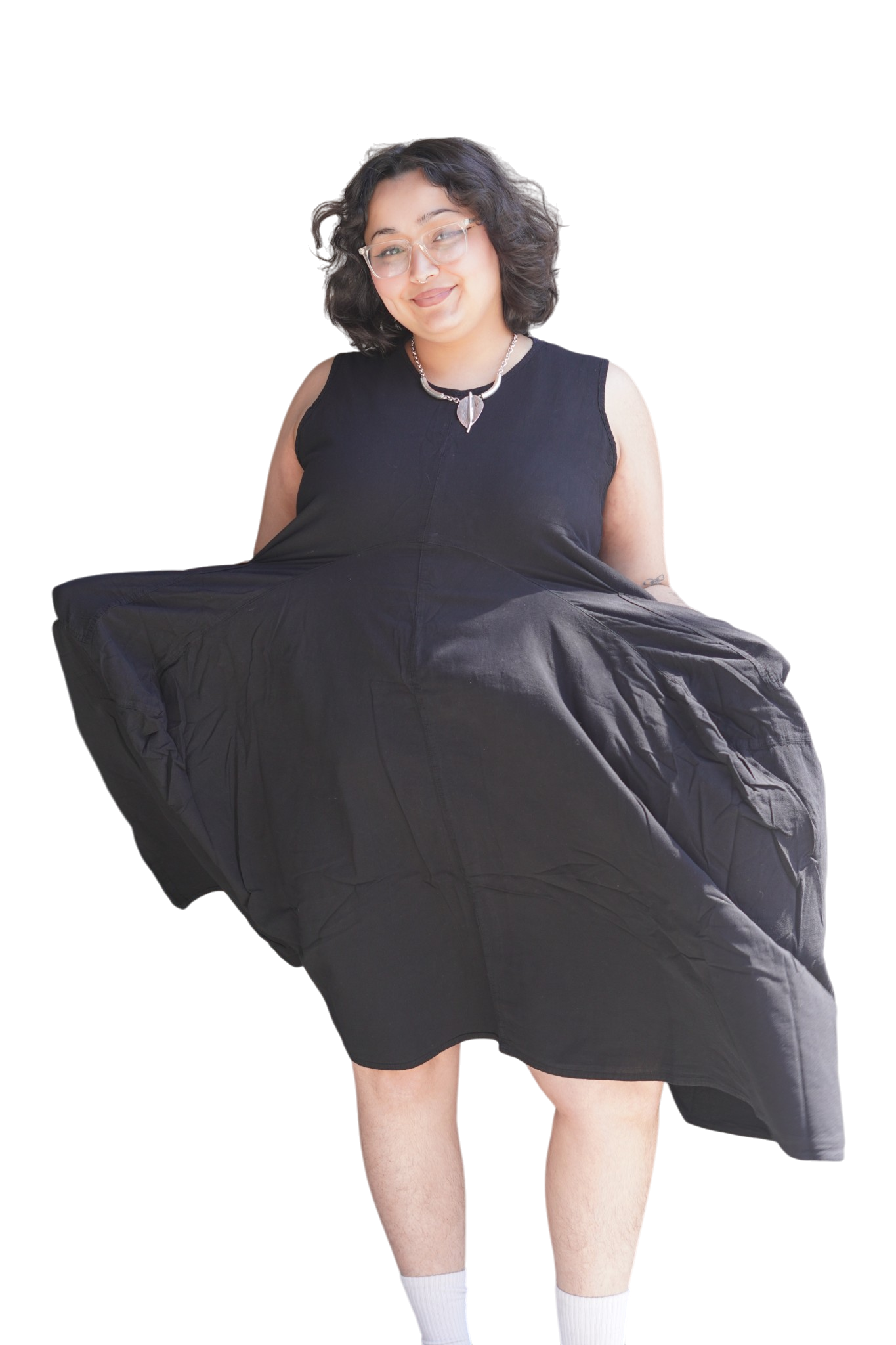 Black Cotton Parachute Dress with Pockets by Creative Design – Handmade ethical Dress from sariKNOTsari using upcycled silk. Designed in Canada for travel and slow fashion, loved from Toronto to LA to Sydney. Featuring Zsiska, Bryn Walker and Artisan Leather coats by Rejean Pepin, Pepin designs