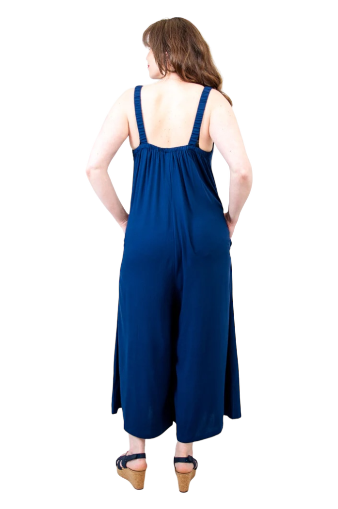 Joanna Indigo Linen Bamboo Jumpsuit by Blue Sky Clothing Co – Handmade ethical Jumpsuit from sariKNOTsari using upcycled silk. Designed in Canada for travel and slow fashion, loved from Toronto to LA to Sydney. Featuring Zsiska, Bryn Walker and Artisan Leather coats by Rejean Pepin, Pepin designs