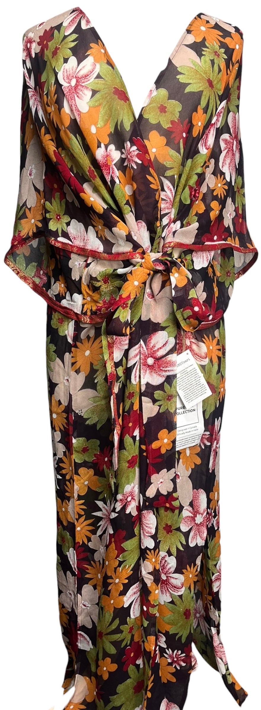 PRG8203 Sheer Avatar Long Pure Silk Kimono Sleeved Duster with Belt by DECEMBER2025 – Handmade ethical Long Kimono from sariKNOTsari using upcycled silk. Designed in Canada for travel and slow fashion, loved from Toronto to LA to Sydney.