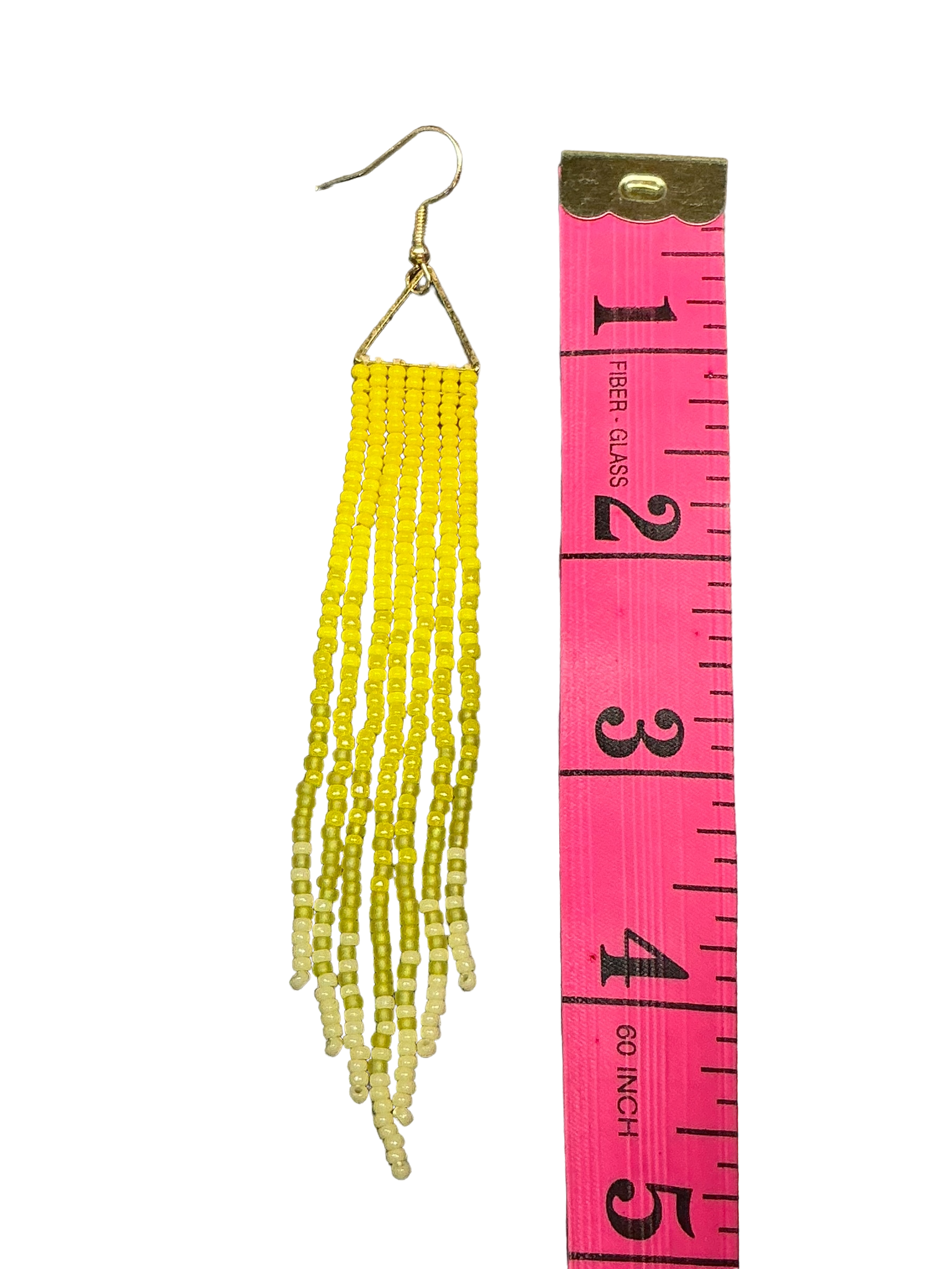 Lemon Mini Triangle Fringe Earrings by Beading Stardust – Handmade ethical Earrings from sariKNOTsari using upcycled silk. Designed in Canada for travel and slow fashion, loved from Toronto to LA to Sydney. Featuring Zsiska, Bryn Walker and Artisan Leather coats by Rejean Pepin, Pepin designs