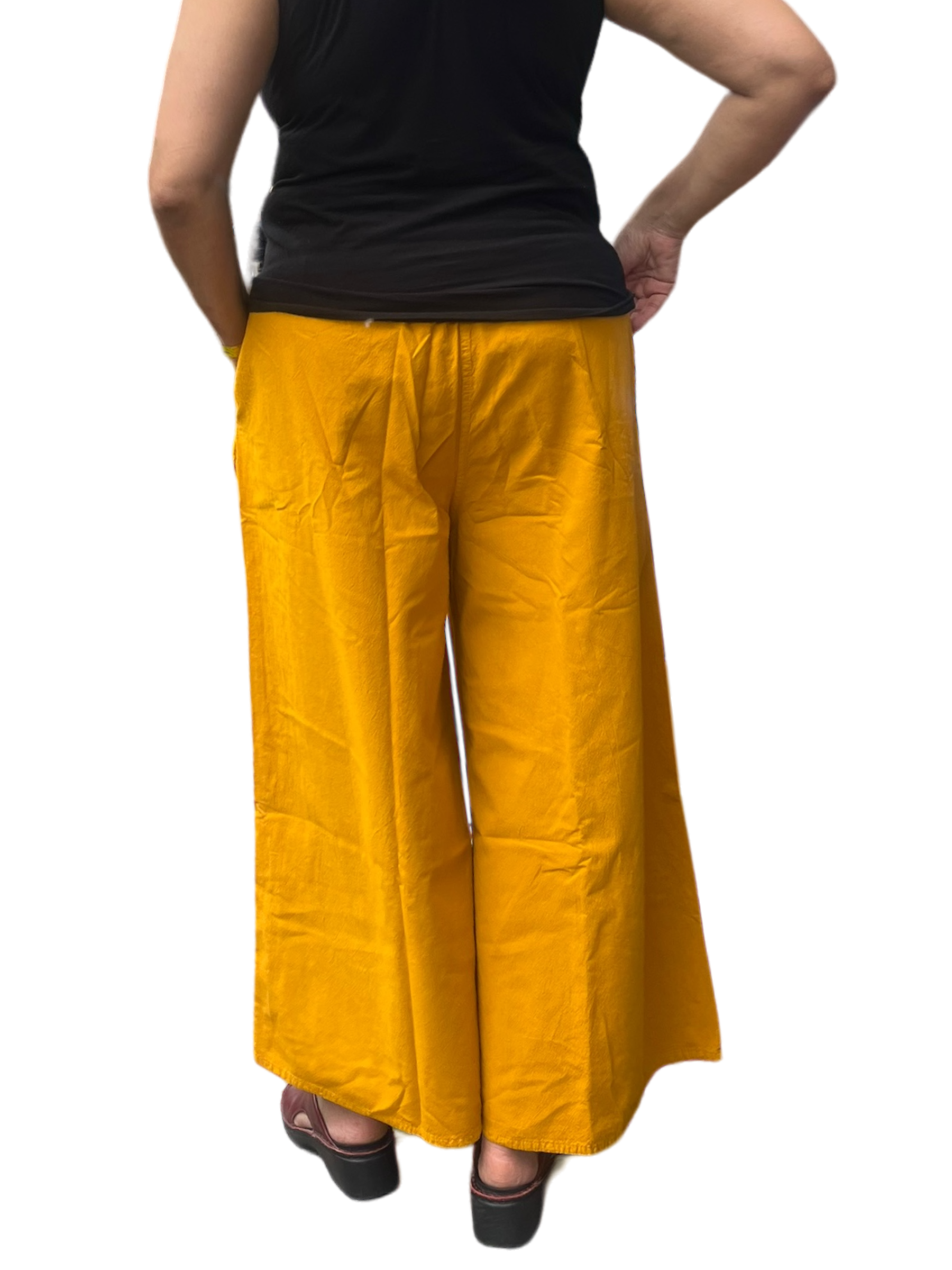 Mustard Cotton Palazzo Pants by Creative Design – Handmade ethical Pants/Skirt from sariKNOTsari using upcycled silk. Designed in Canada for travel and slow fashion, loved from Toronto to LA to Sydney. Featuring Zsiska, Bryn Walker and Artisan Leather coats by Rejean Pepin, Pepin designs
