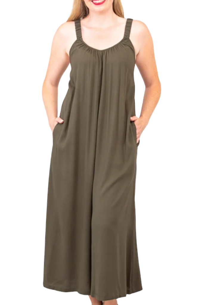 Joanna Khaki Linen Bamboo Jumpsuit by Blue Sky Clothing Co – Handmade ethical Jumpsuit from sariKNOTsari using upcycled silk. Designed in Canada for travel and slow fashion, loved from Toronto to LA to Sydney. Featuring Zsiska, Bryn Walker and Artisan Leather coats by Rejean Pepin, Pepin designs