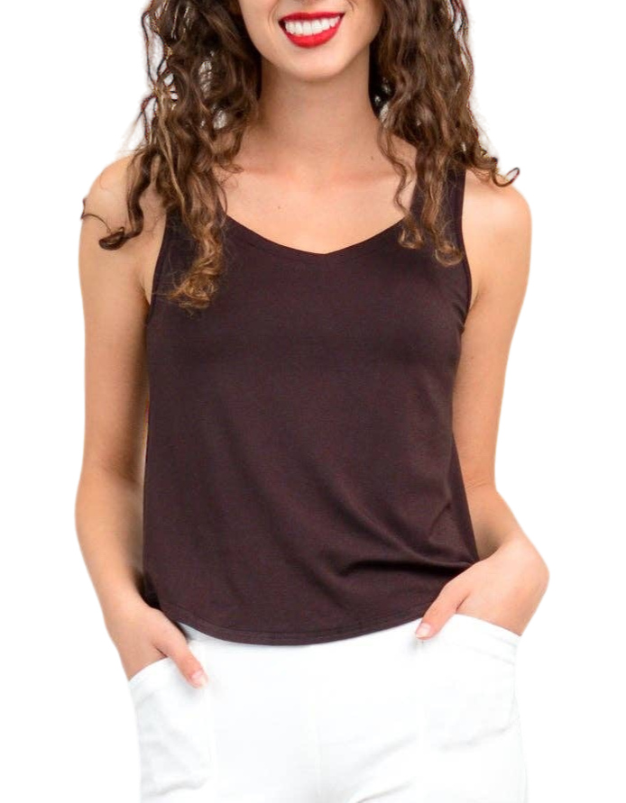 Coffee Brown Bamboo Ritzy Tank by Blue Sky Clothing Co – Handmade ethical Tank Top from sariKNOTsari using upcycled silk. Designed in Canada for travel and slow fashion, loved from Toronto to LA to Sydney. Featuring Zsiska, Bryn Walker and Artisan Leather coats by Rejean Pepin, Pepin designs